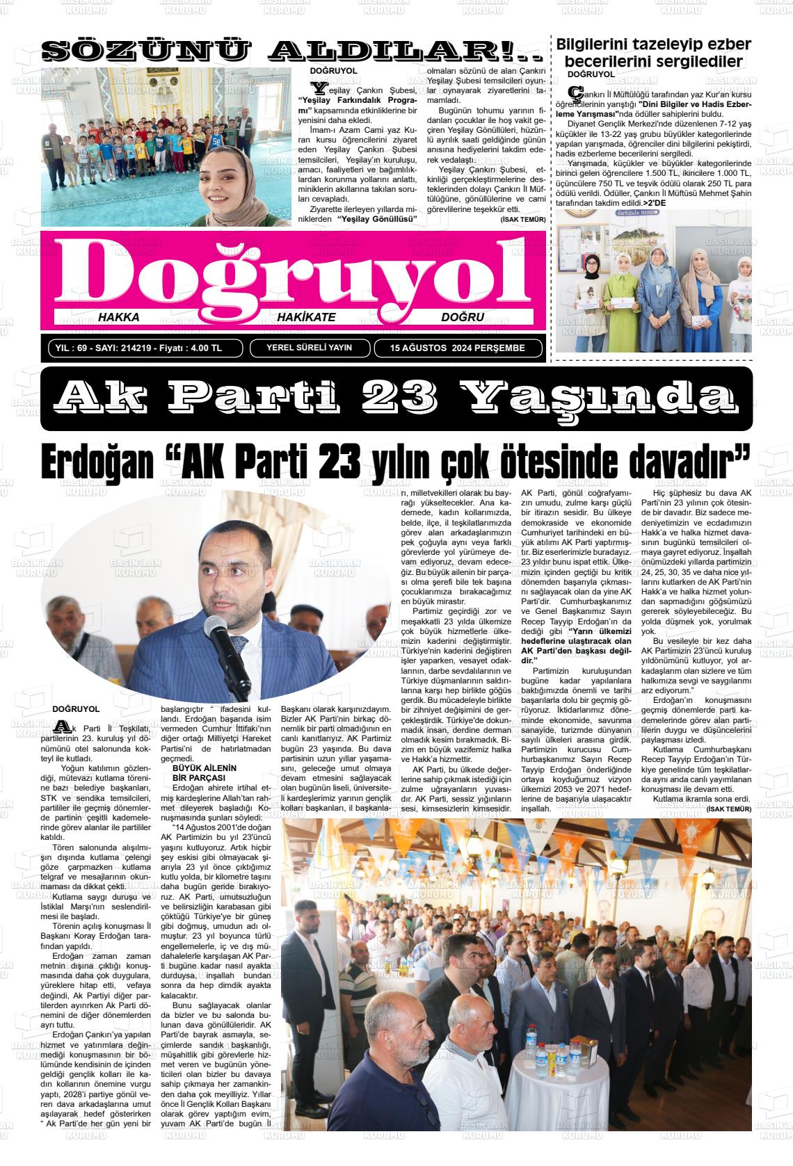 15 Ağustos 2024 Doğruyol Gazete Manşeti