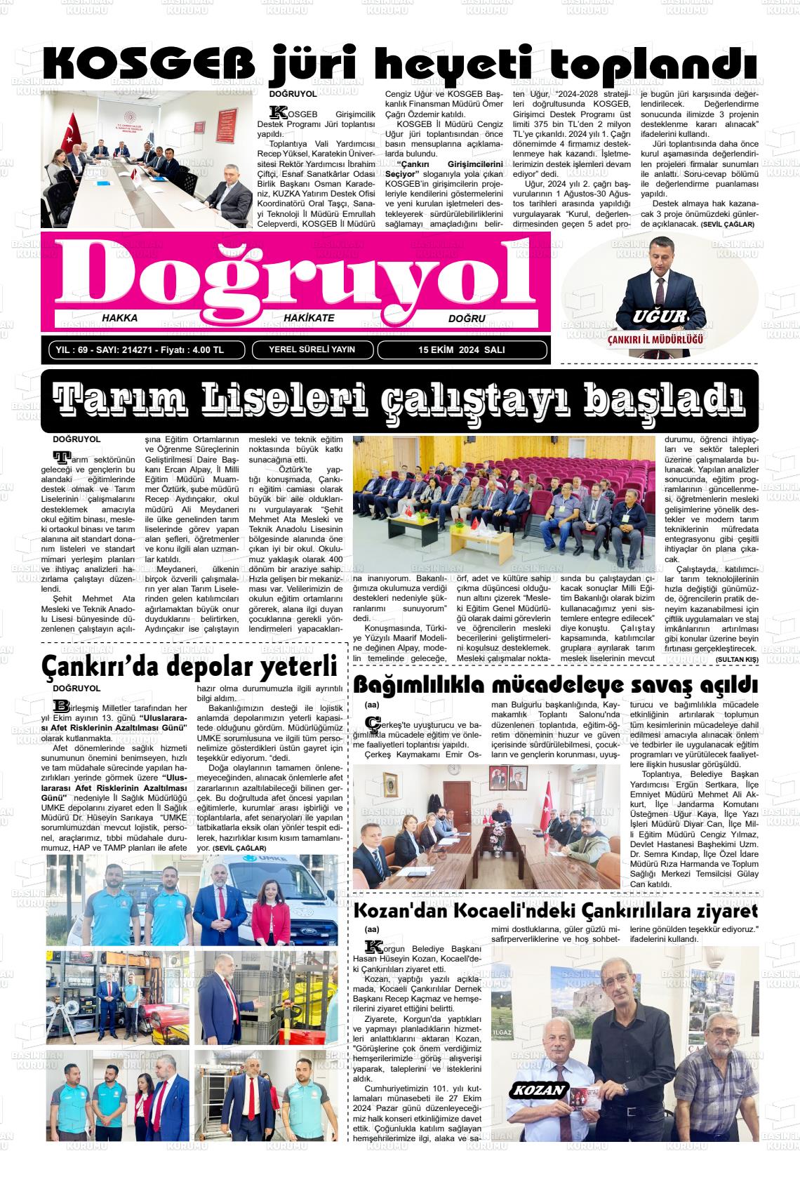 15 Ekim 2024 Doğruyol Gazete Manşeti