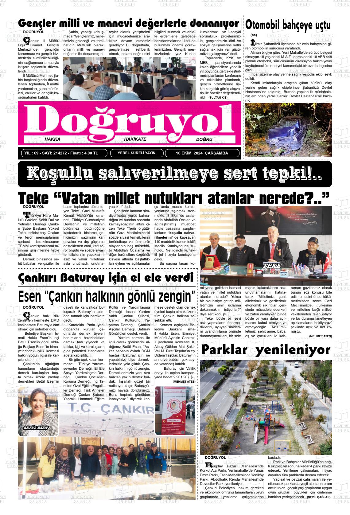 16 Ekim 2024 Doğruyol Gazete Manşeti