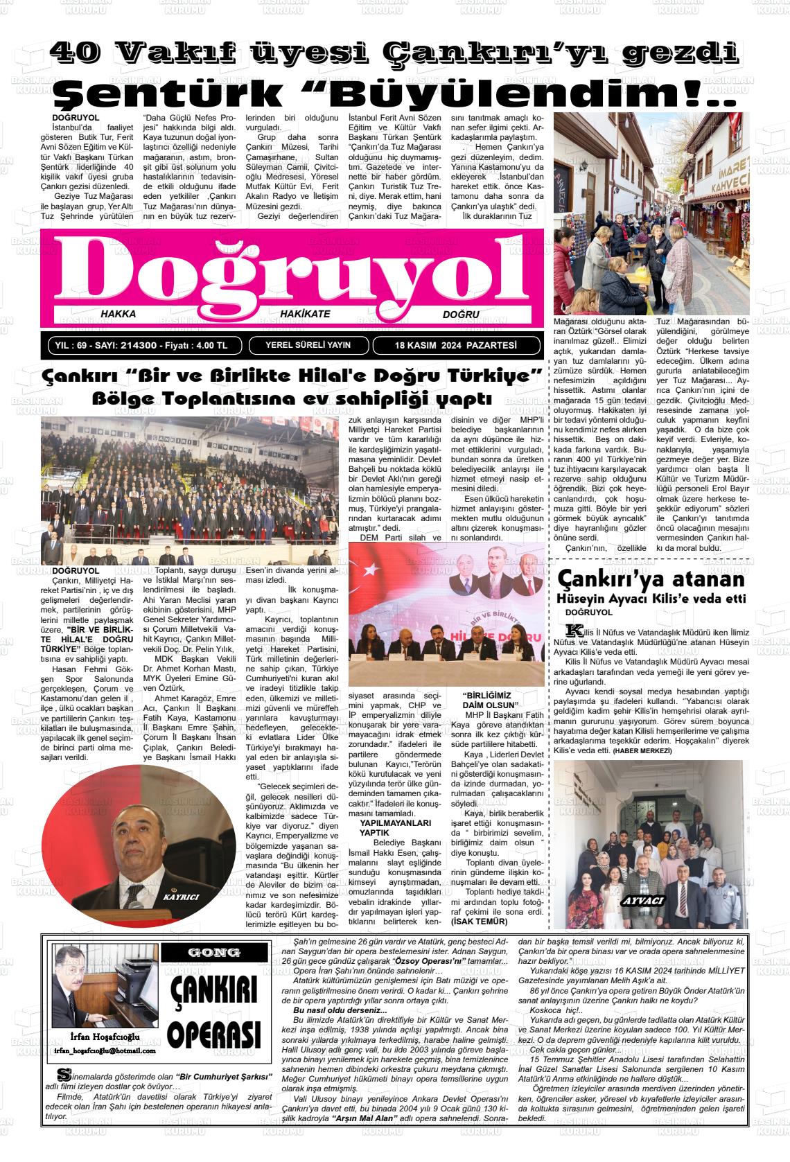 18 Kasım 2024 Doğruyol Gazete Manşeti