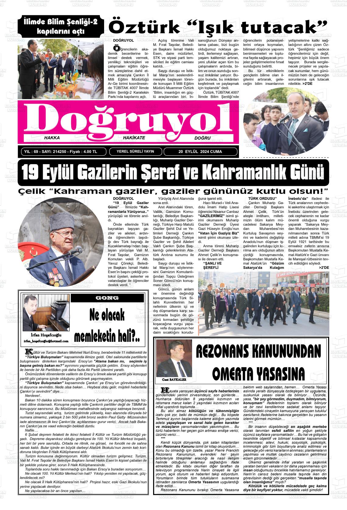 20 Eylül 2024 Doğruyol Gazete Manşeti