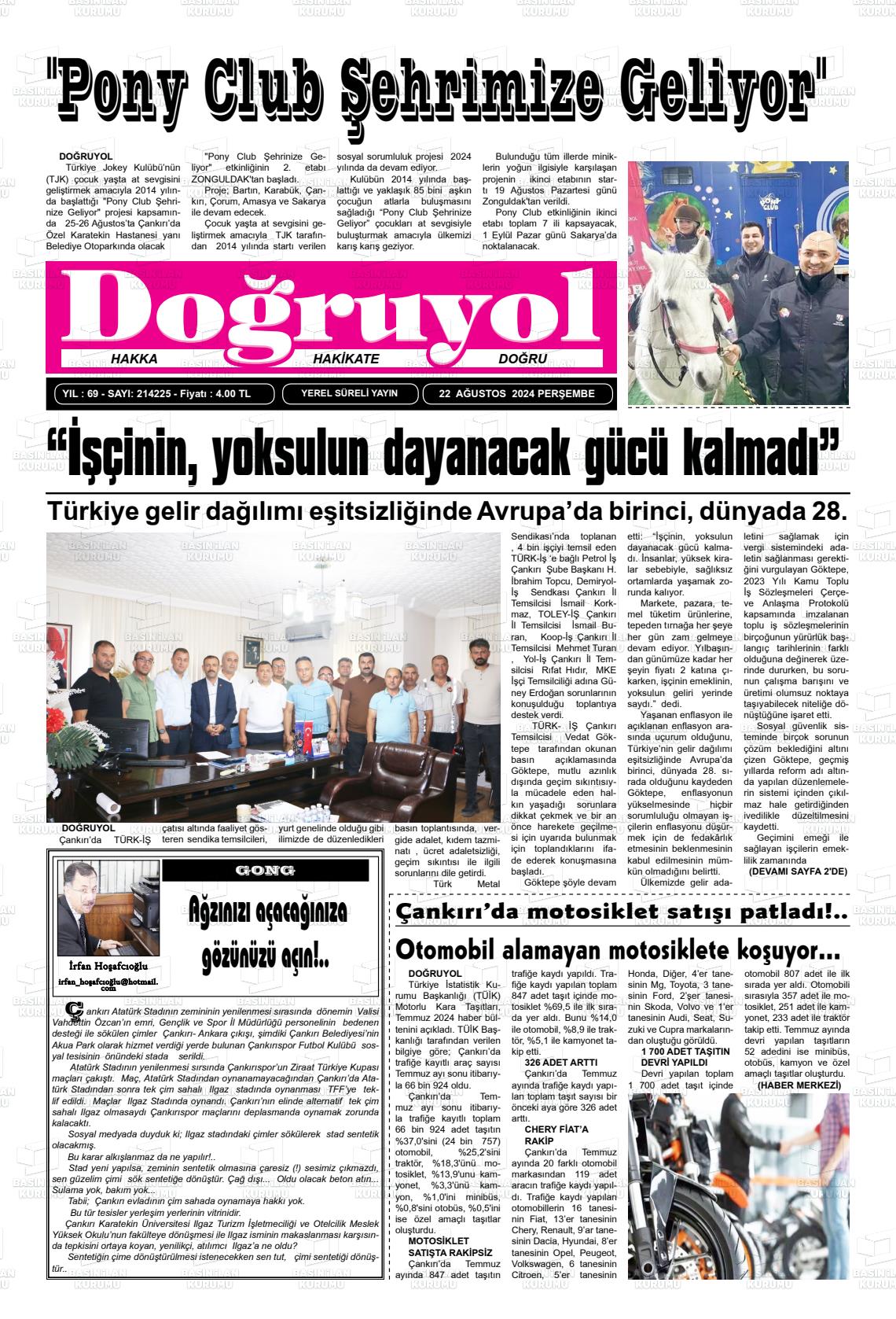 22 Ağustos 2024 Doğruyol Gazete Manşeti