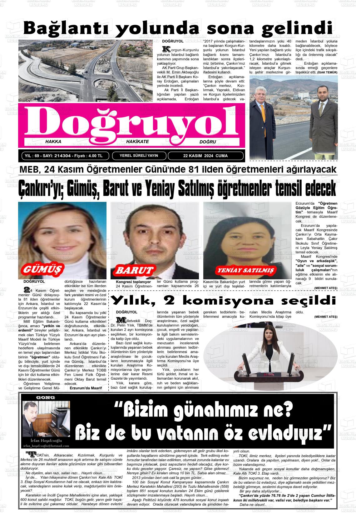 22 Kasım 2024 Doğruyol Gazete Manşeti