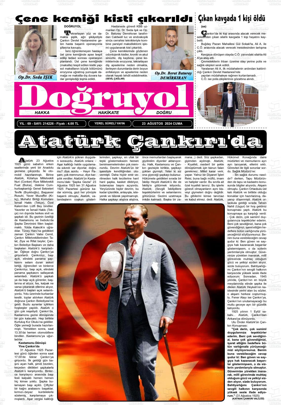 23 Ağustos 2024 Doğruyol Gazete Manşeti