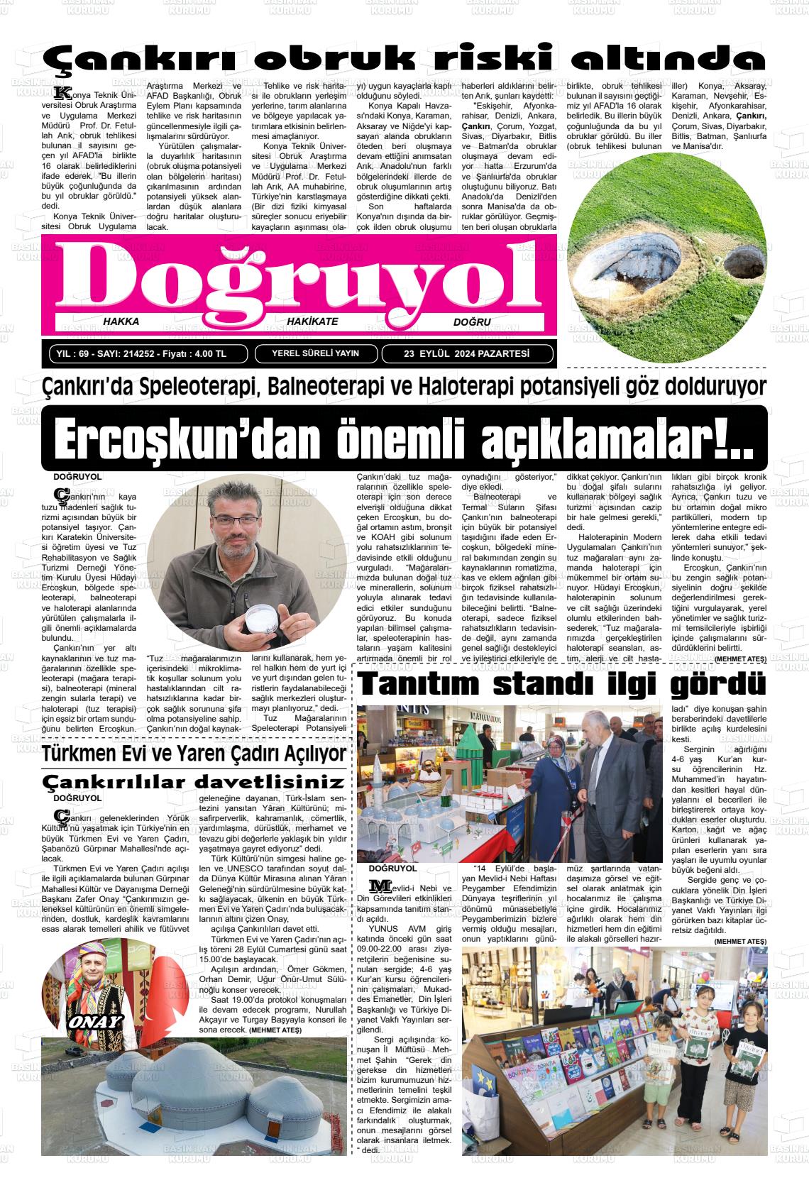 23 Eylül 2024 Doğruyol Gazete Manşeti