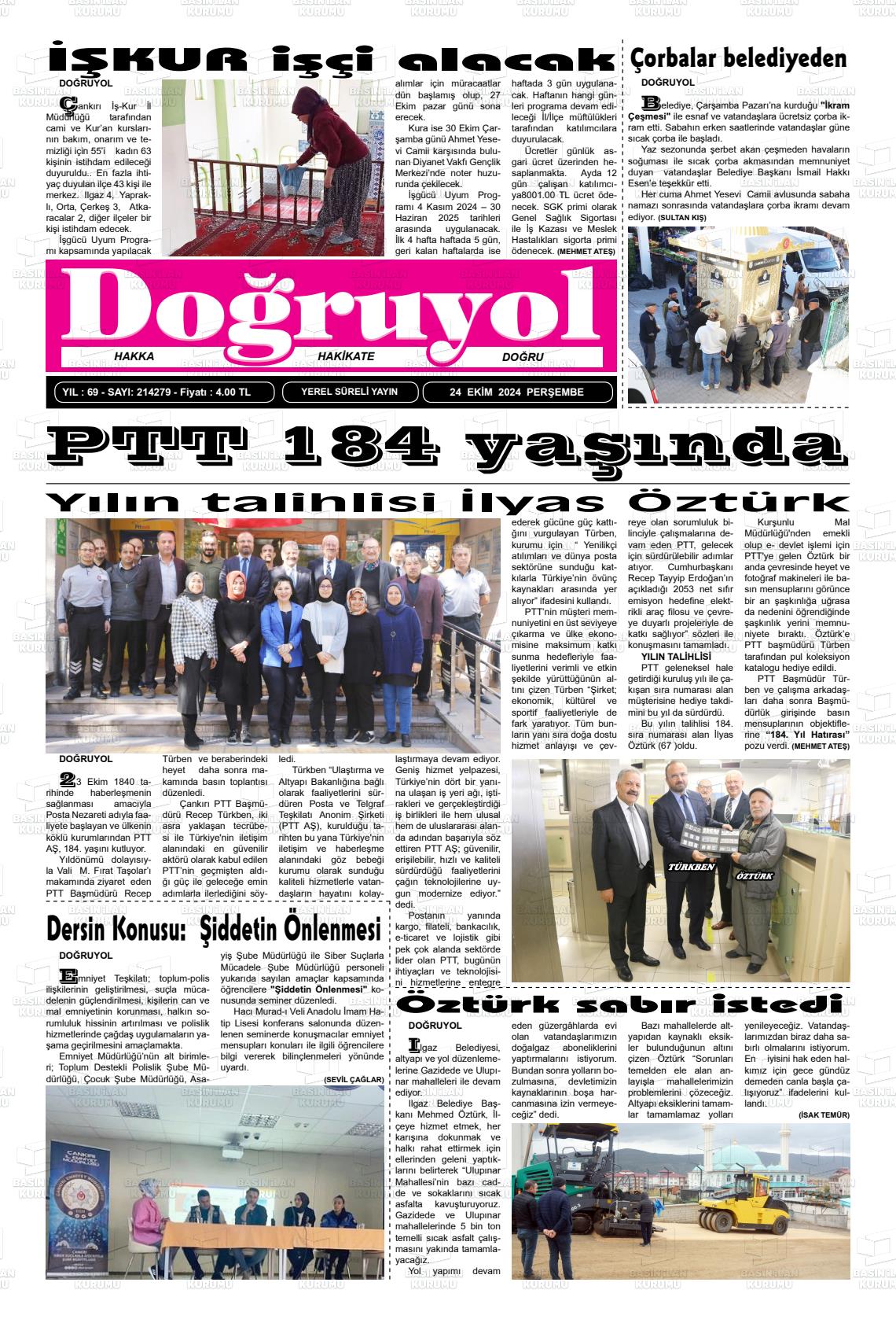 24 Ekim 2024 Doğruyol Gazete Manşeti