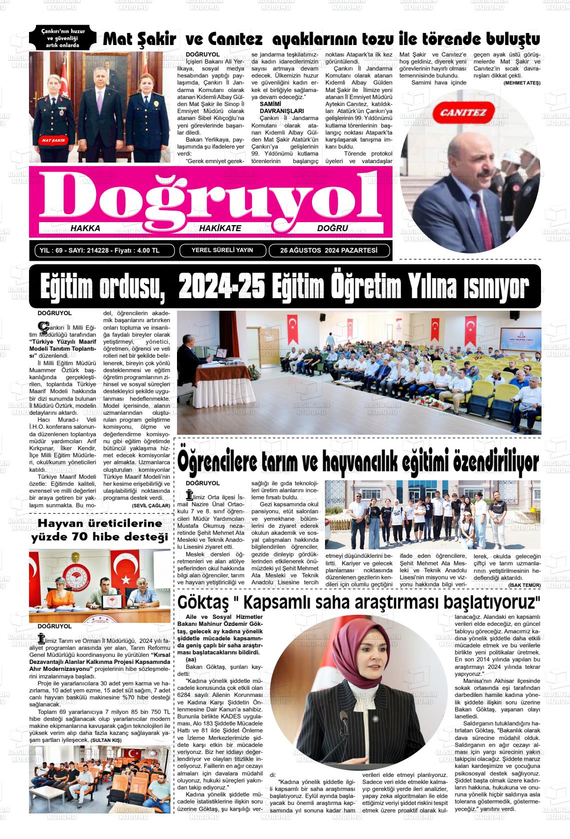 26 Ağustos 2024 Doğruyol Gazete Manşeti