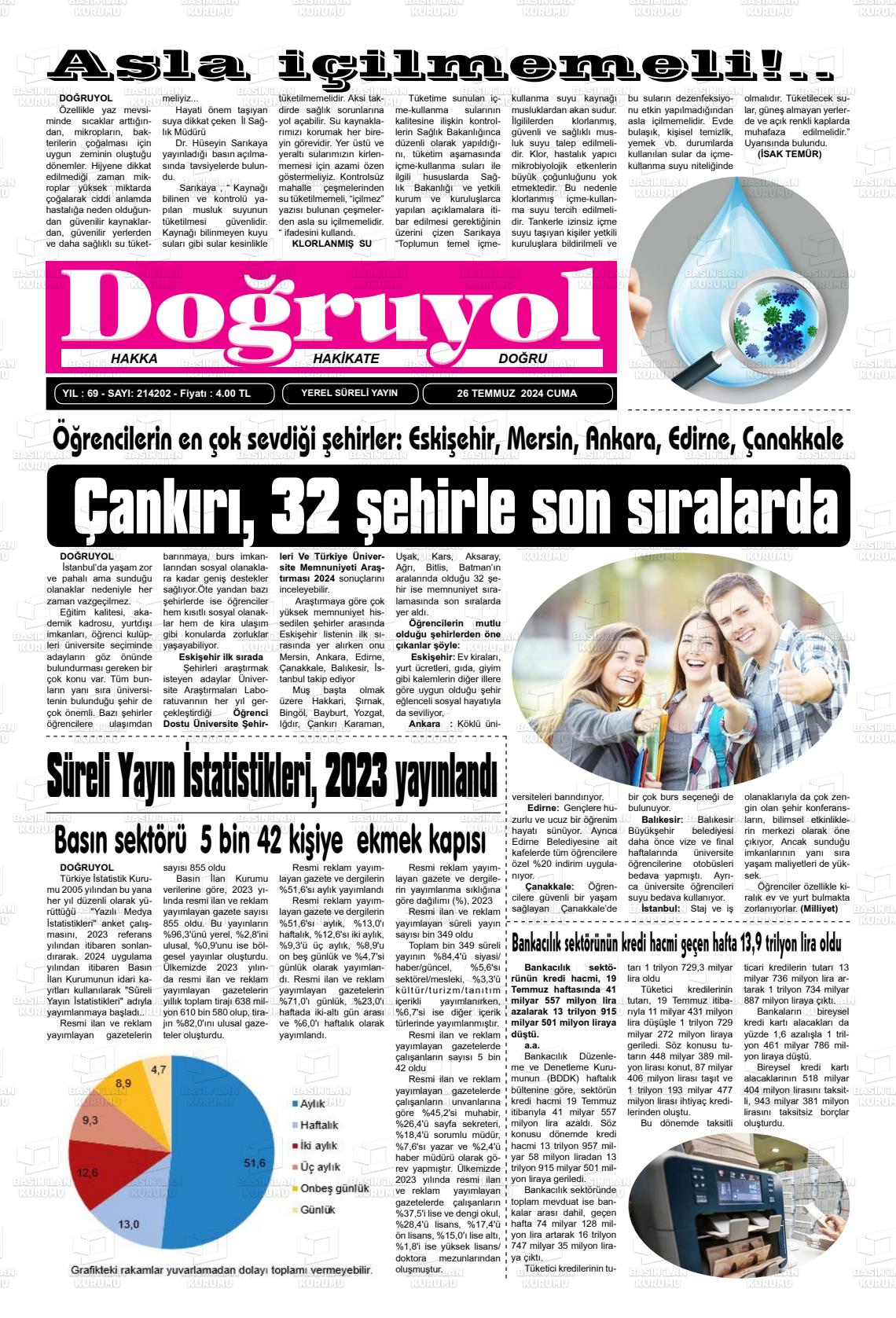 26 Temmuz 2024 Doğruyol Gazete Manşeti