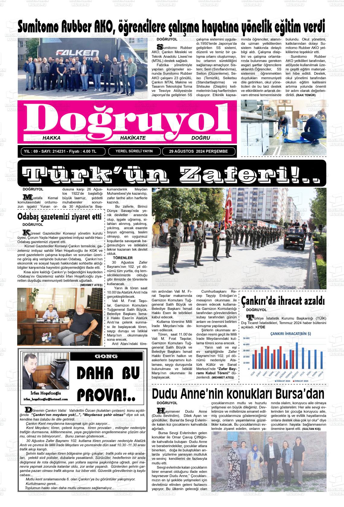 29 Ağustos 2024 Doğruyol Gazete Manşeti