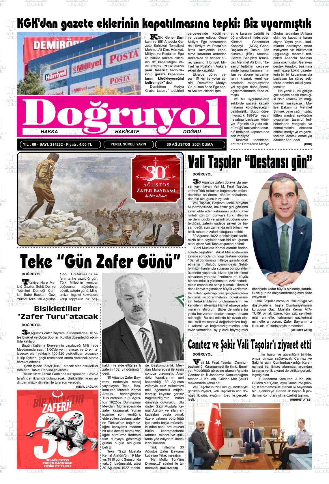 30 Ağustos 2024 Doğruyol Gazete Manşeti