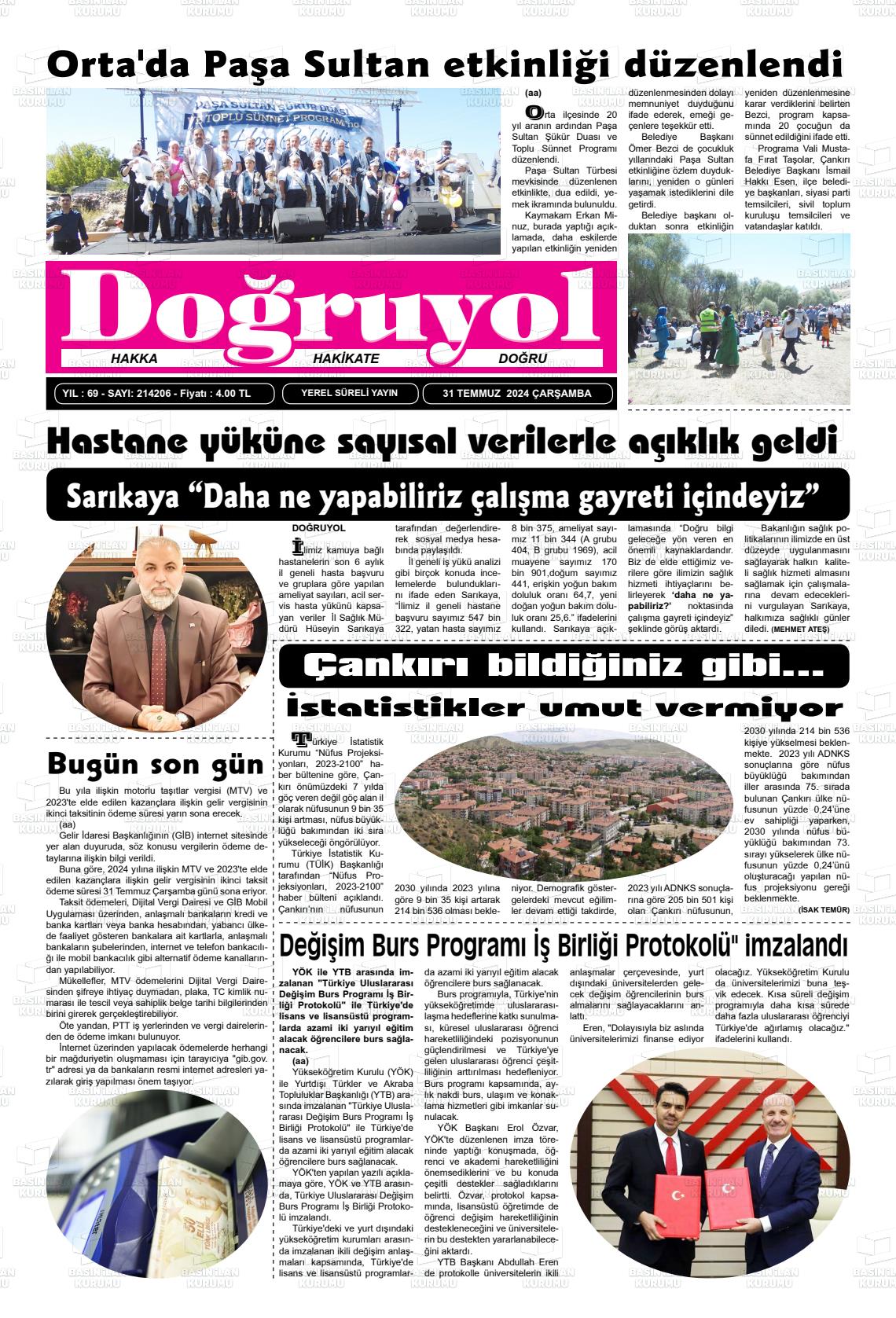 31 Temmuz 2024 Doğruyol Gazete Manşeti