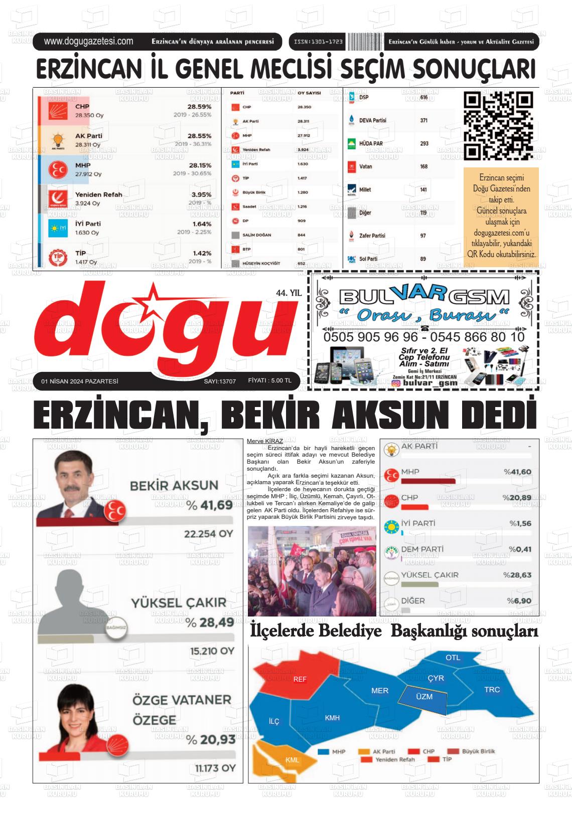 01 Nisan 2024 Erzincan Doğu Gazete Manşeti