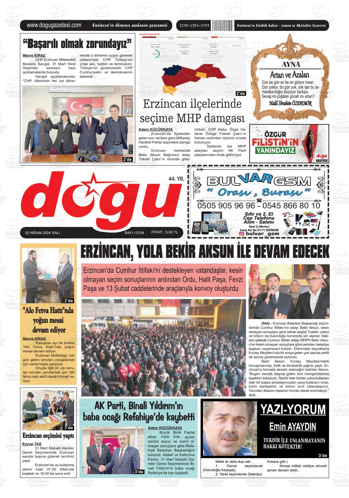 02 Nisan 2024 Erzincan Doğu Gazete Manşeti