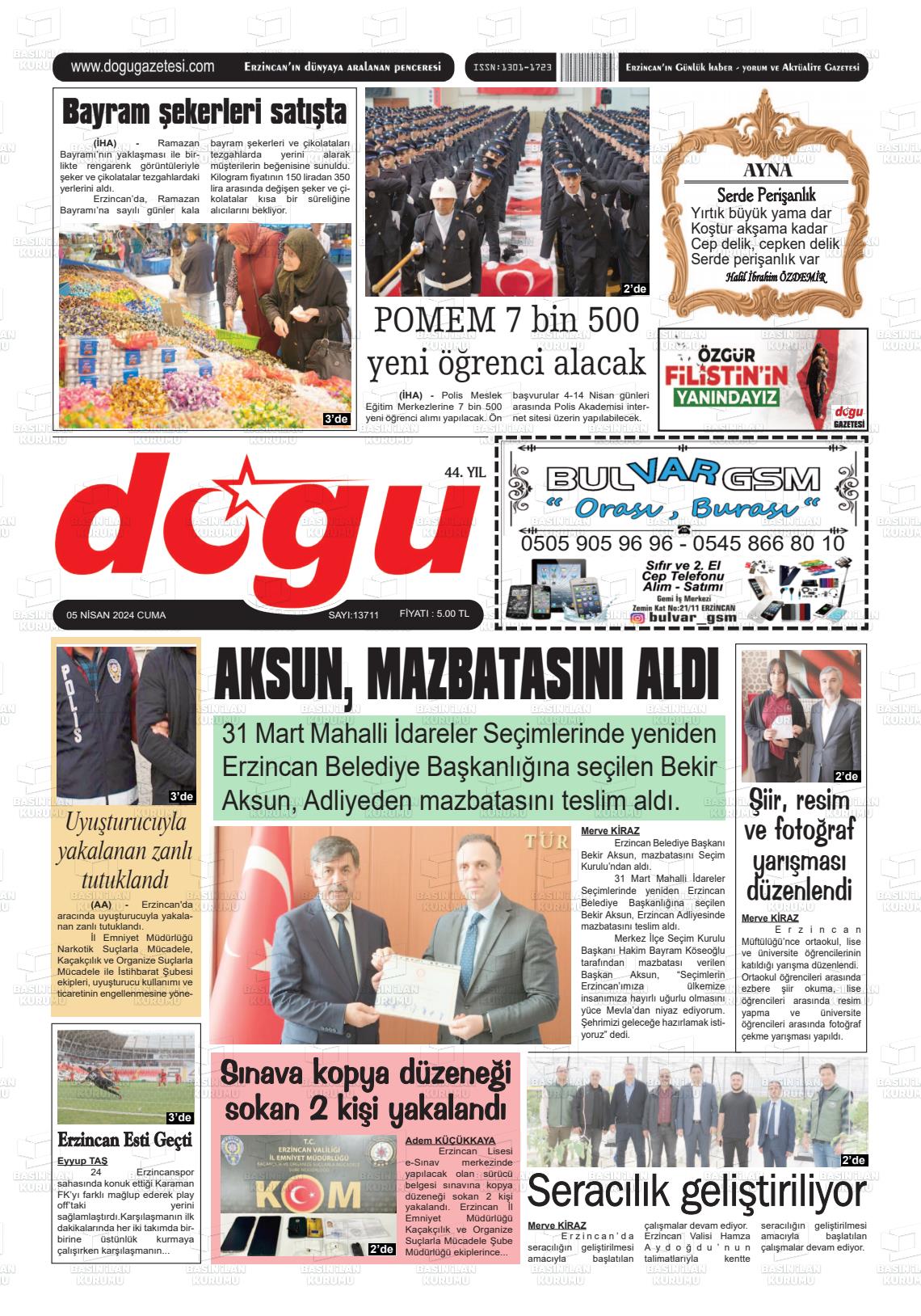 05 Nisan 2024 Erzincan Doğu Gazete Manşeti