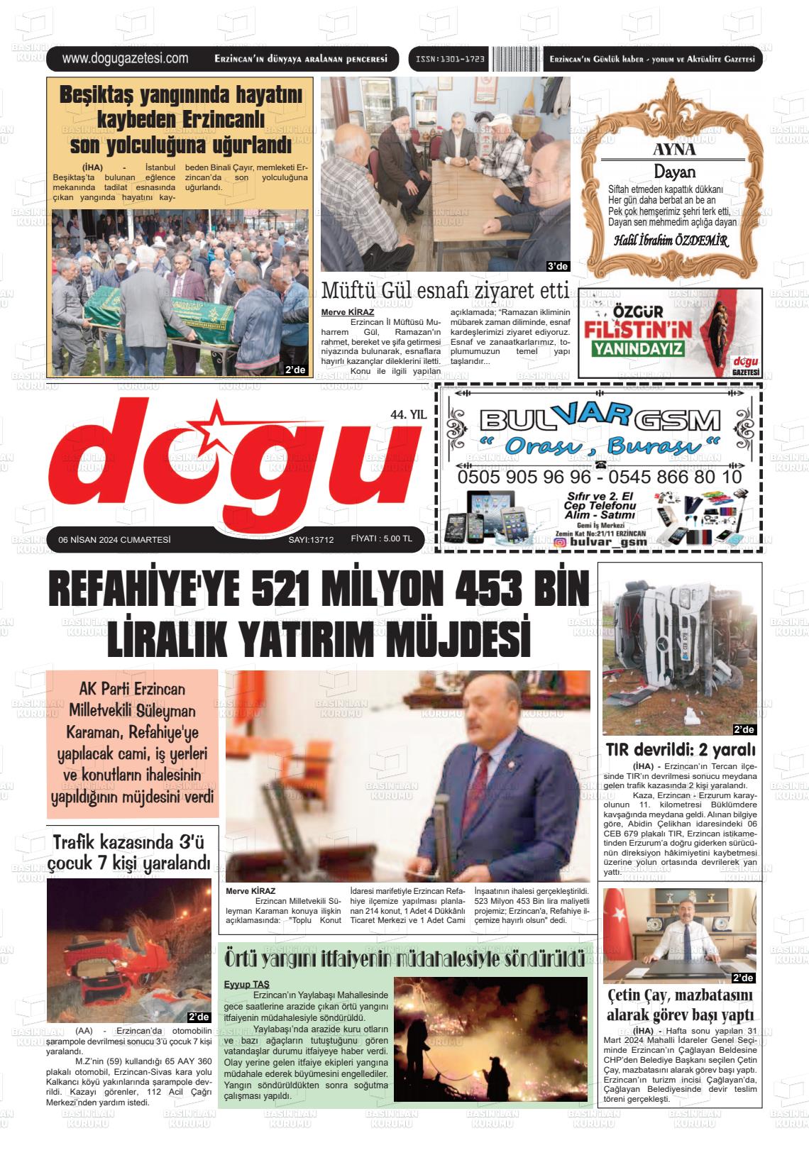 06 Nisan 2024 Erzincan Doğu Gazete Manşeti