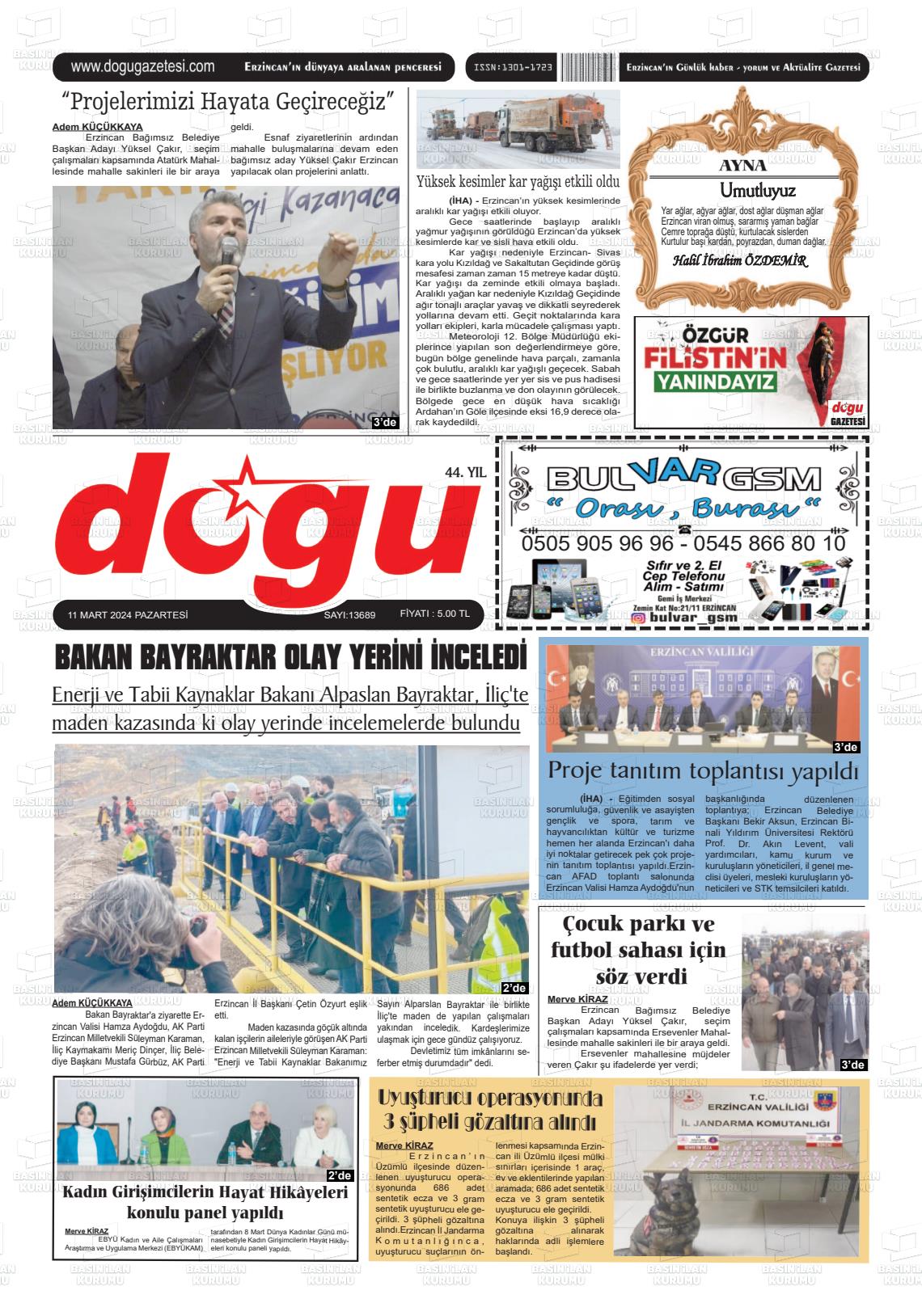 11 Mart 2024 Erzincan Doğu Gazete Manşeti