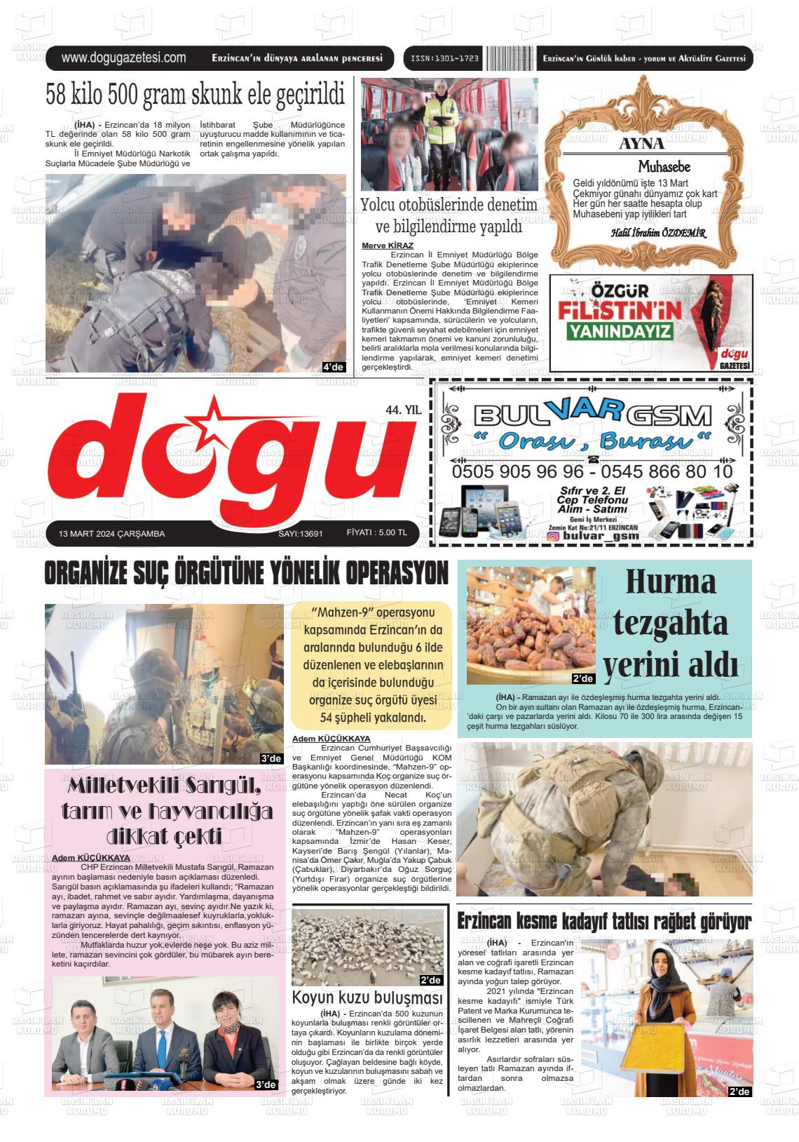 13 Mart 2024 Erzincan Doğu Gazete Manşeti