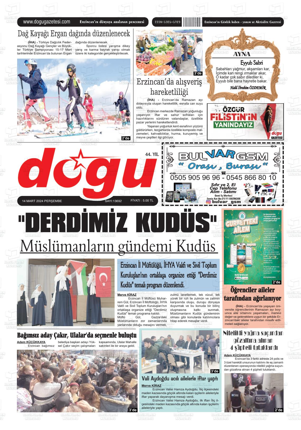 14 Mart 2024 Erzincan Doğu Gazete Manşeti