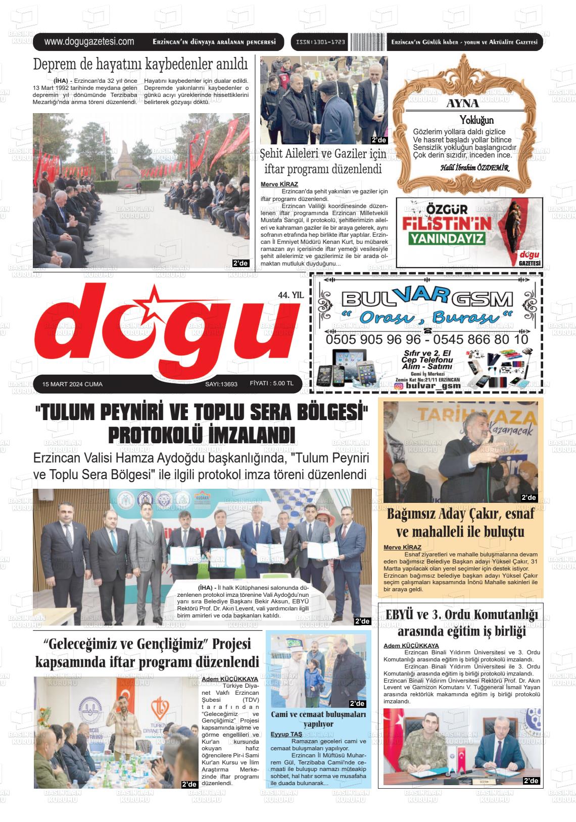 15 Mart 2024 Erzincan Doğu Gazete Manşeti