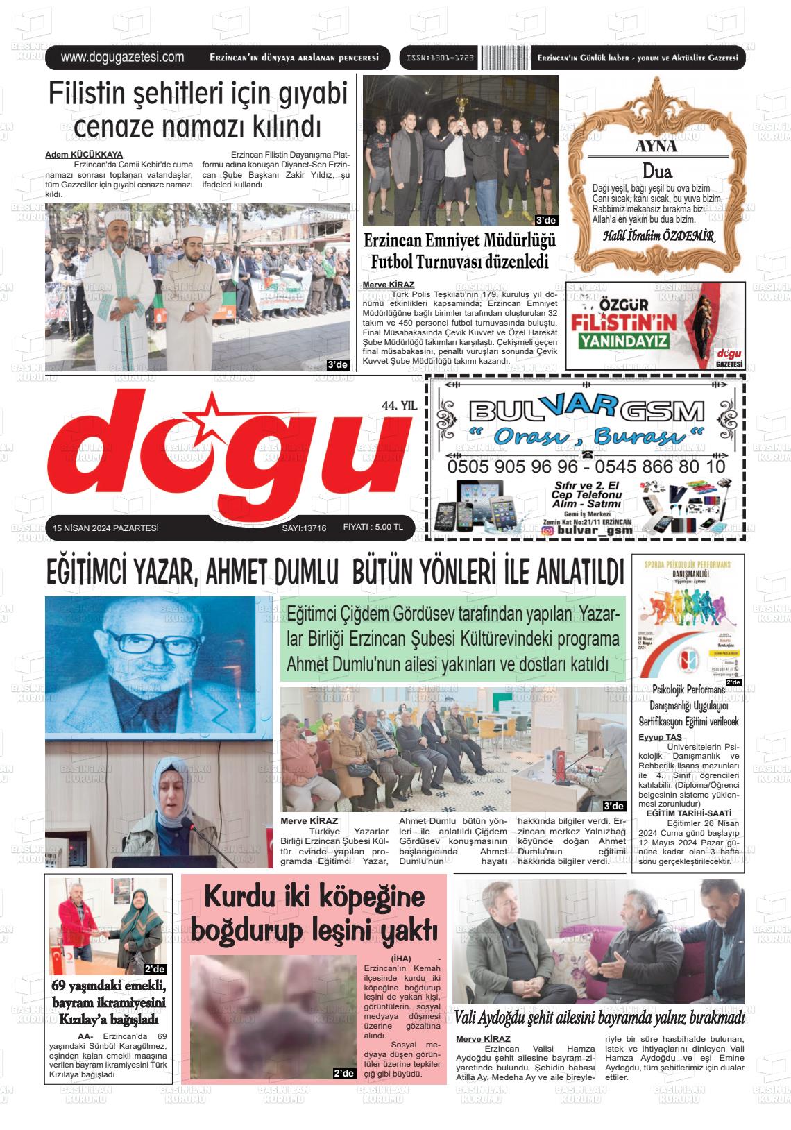 15 Nisan 2024 Erzincan Doğu Gazete Manşeti