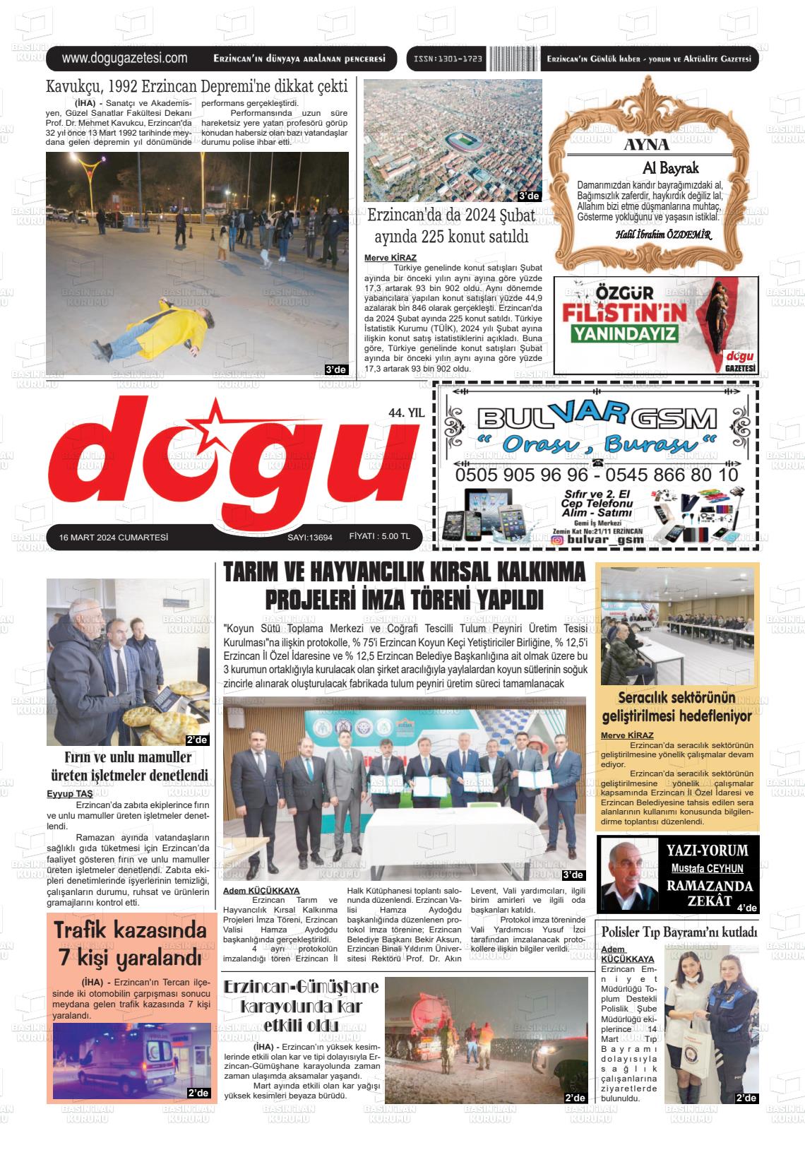 16 Mart 2024 Erzincan Doğu Gazete Manşeti