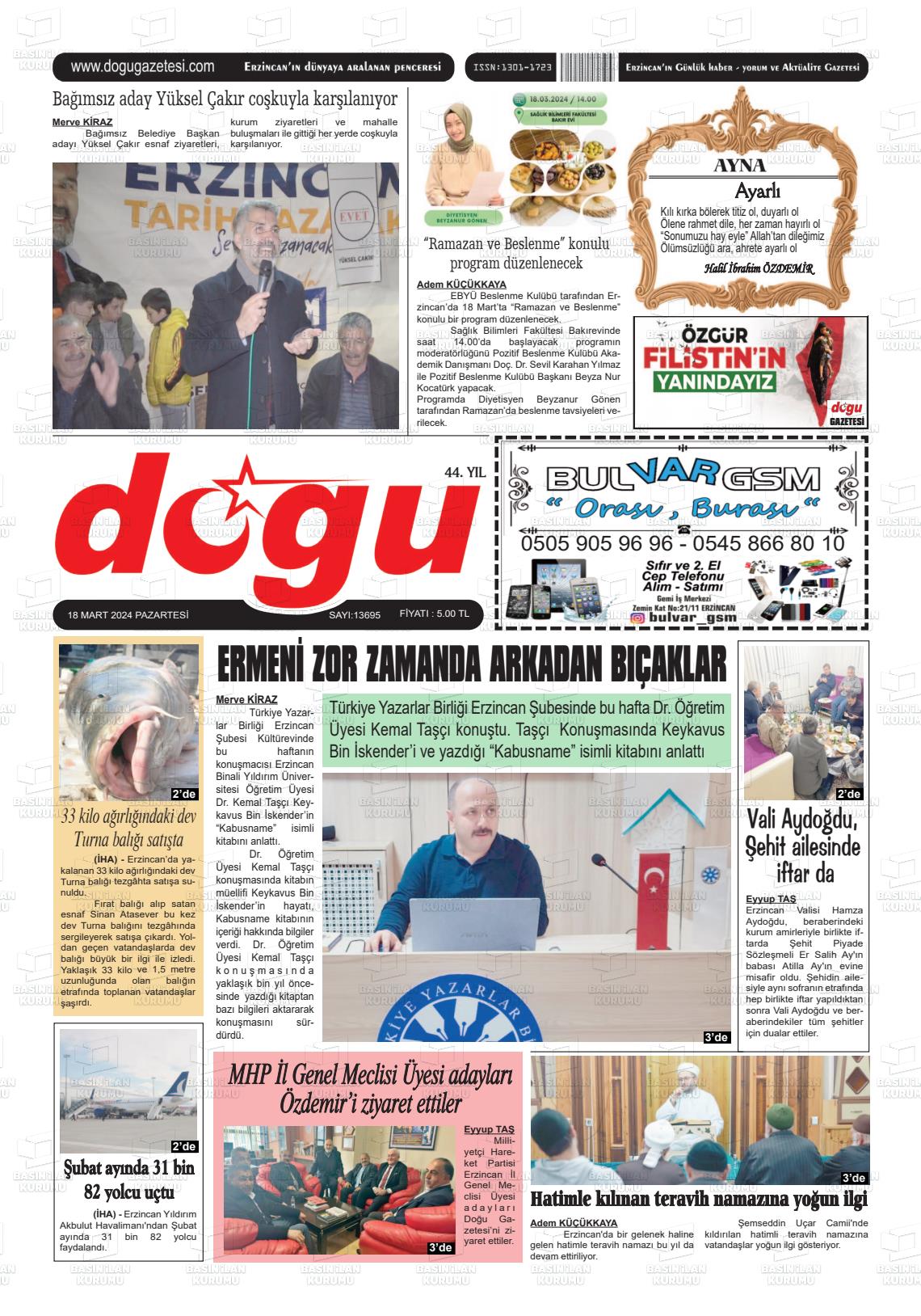 18 Mart 2024 Erzincan Doğu Gazete Manşeti