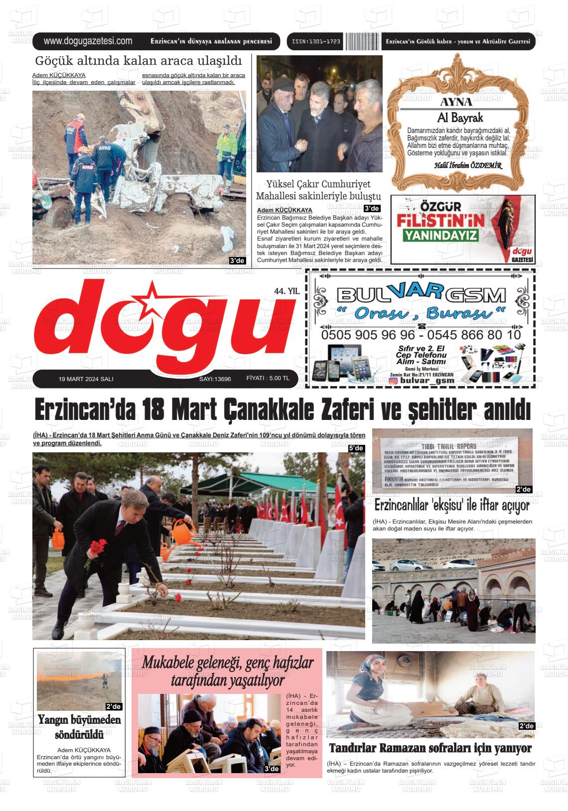 19 Mart 2024 Erzincan Doğu Gazete Manşeti