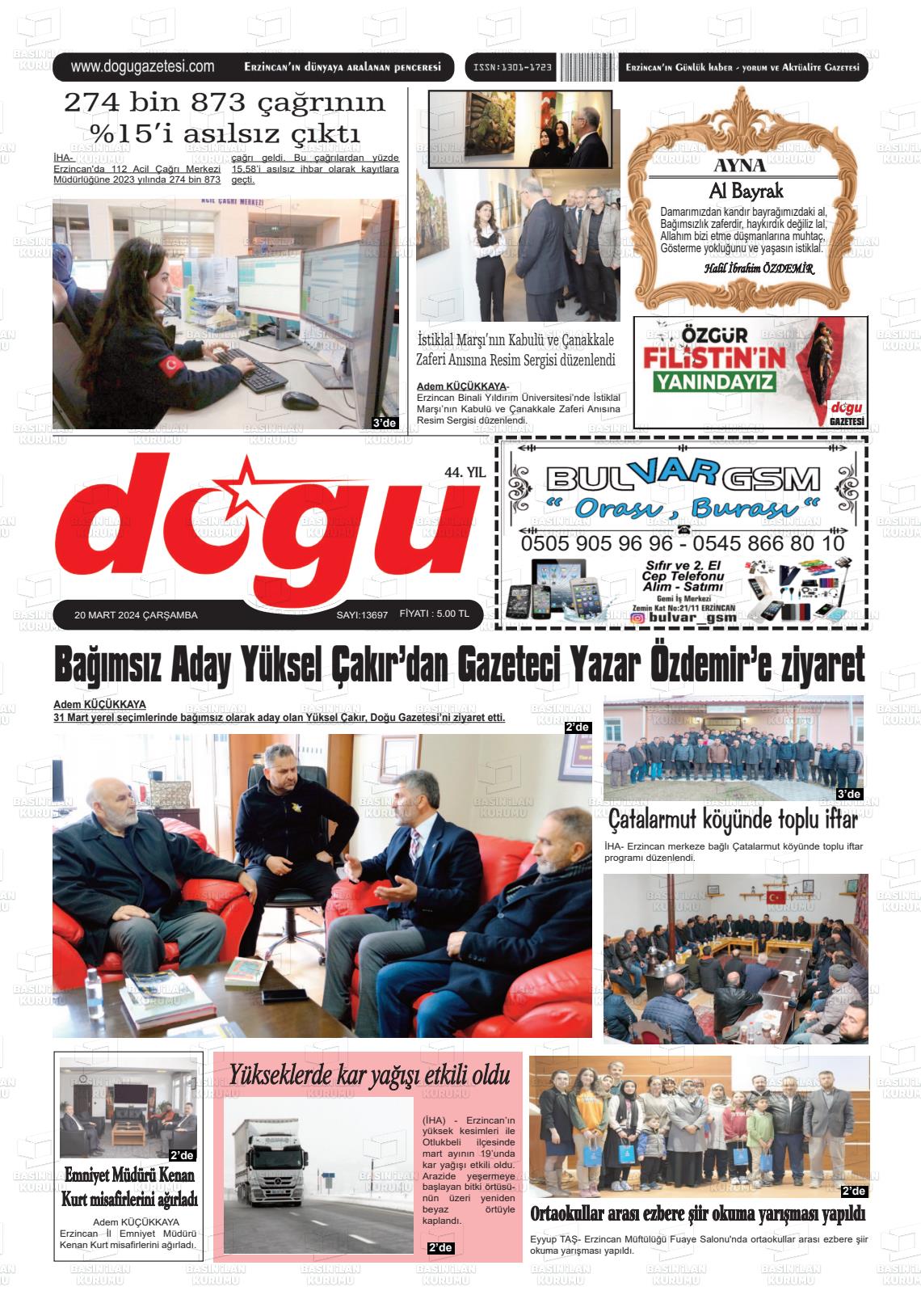 20 Mart 2024 Erzincan Doğu Gazete Manşeti