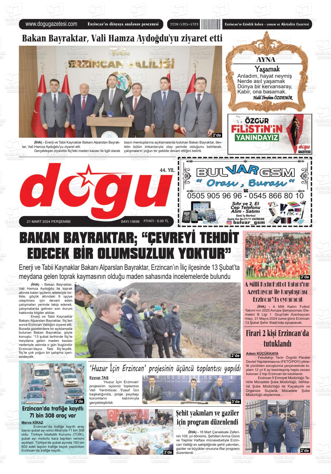 21 Mart 2024 Erzincan Doğu Gazete Manşeti