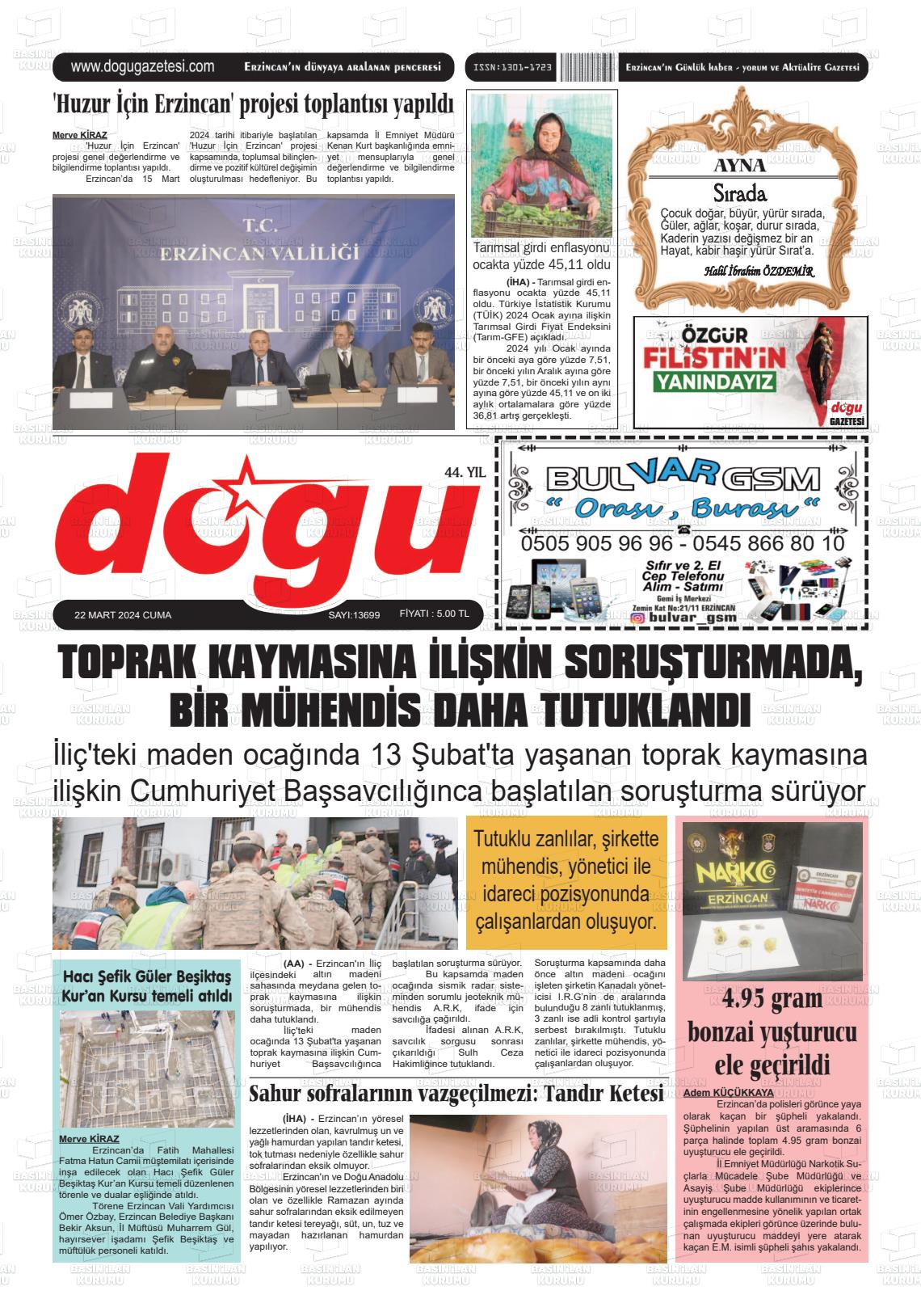 22 Mart 2024 Erzincan Doğu Gazete Manşeti