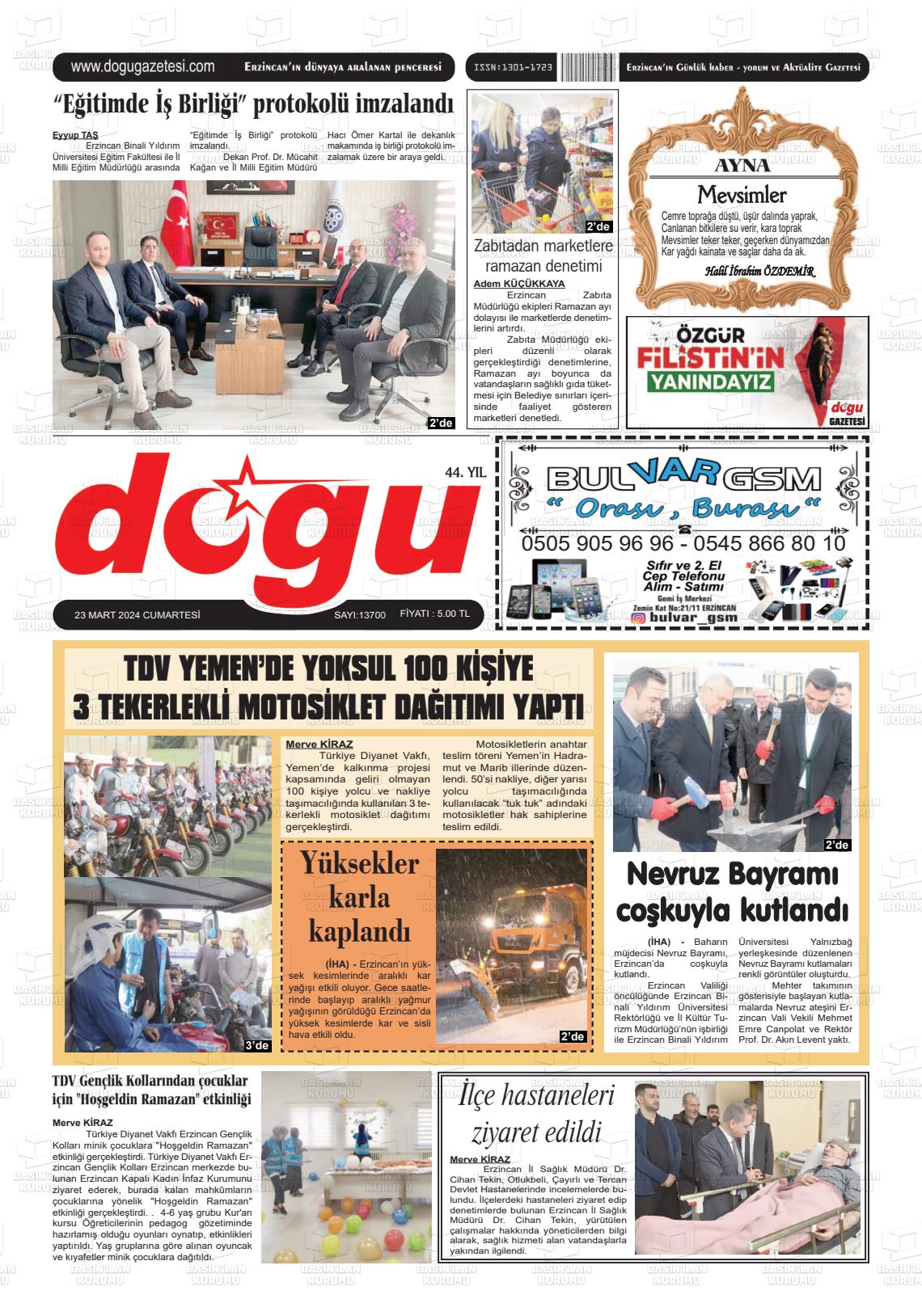 23 Mart 2024 Erzincan Doğu Gazete Manşeti