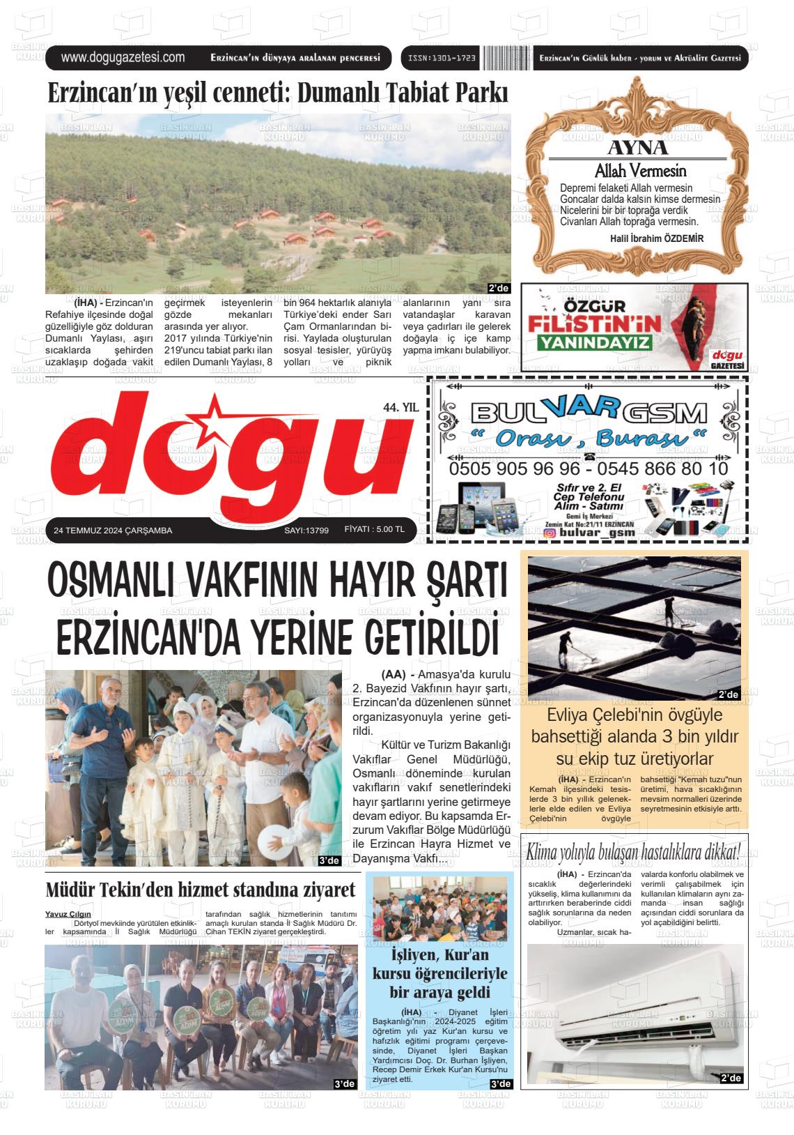 24 Temmuz 2024 Erzincan Doğu Gazete Manşeti