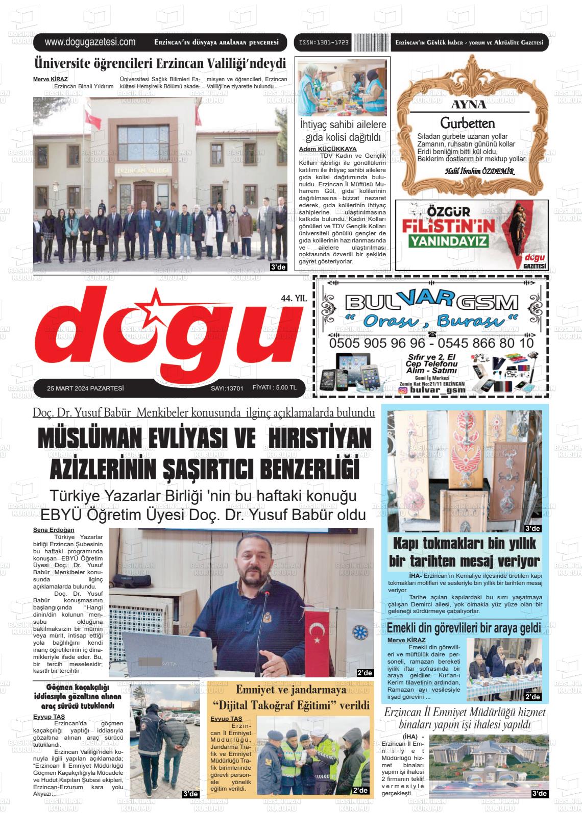 25 Mart 2024 Erzincan Doğu Gazete Manşeti