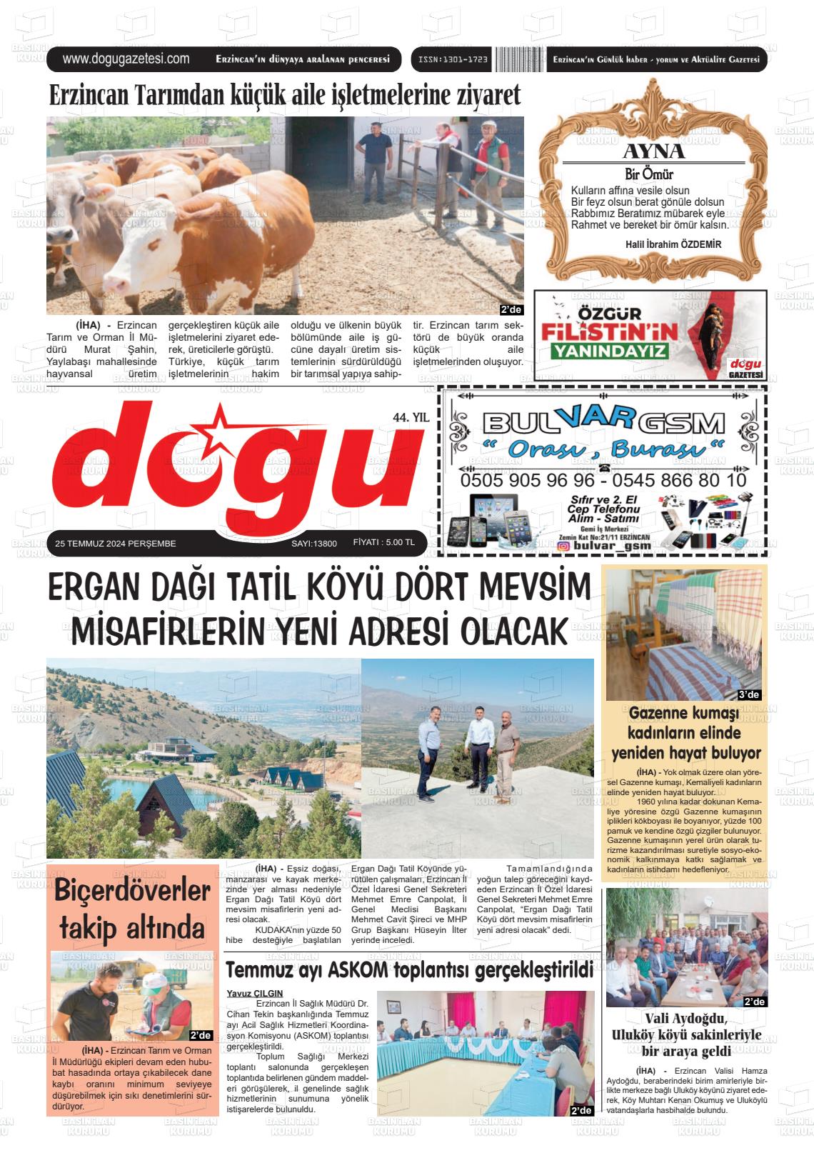 25 Temmuz 2024 Erzincan Doğu Gazete Manşeti