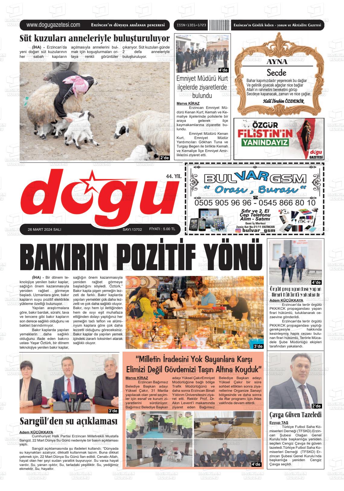 26 Mart 2024 Erzincan Doğu Gazete Manşeti