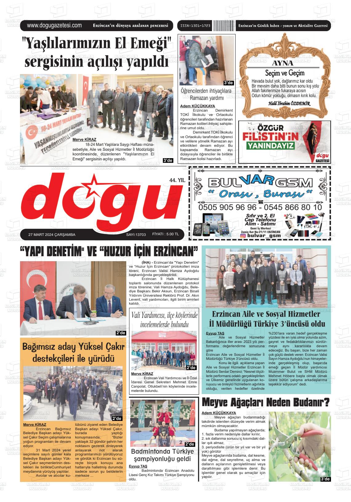 27 Mart 2024 Erzincan Doğu Gazete Manşeti