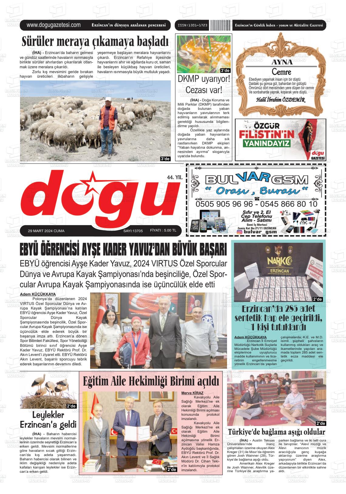 29 Mart 2024 Erzincan Doğu Gazete Manşeti