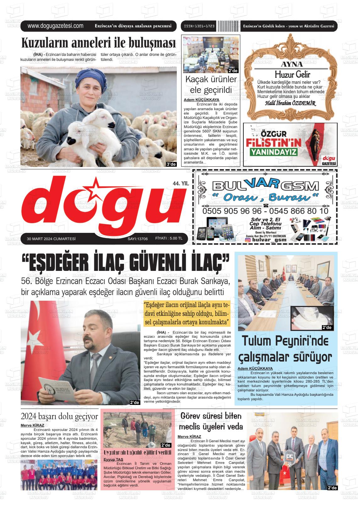 30 Mart 2024 Erzincan Doğu Gazete Manşeti