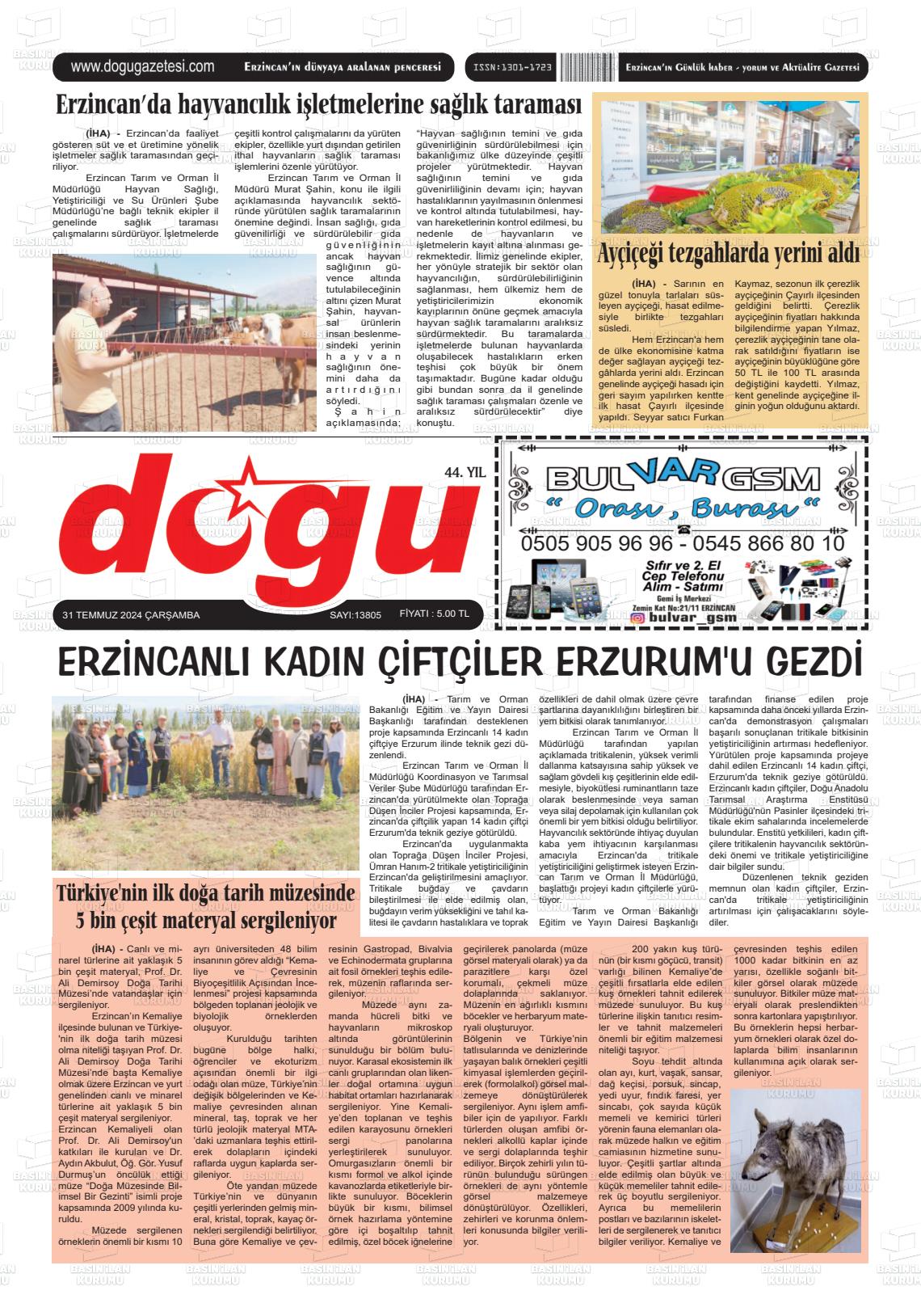 31 Temmuz 2024 Erzincan Doğu Gazete Manşeti