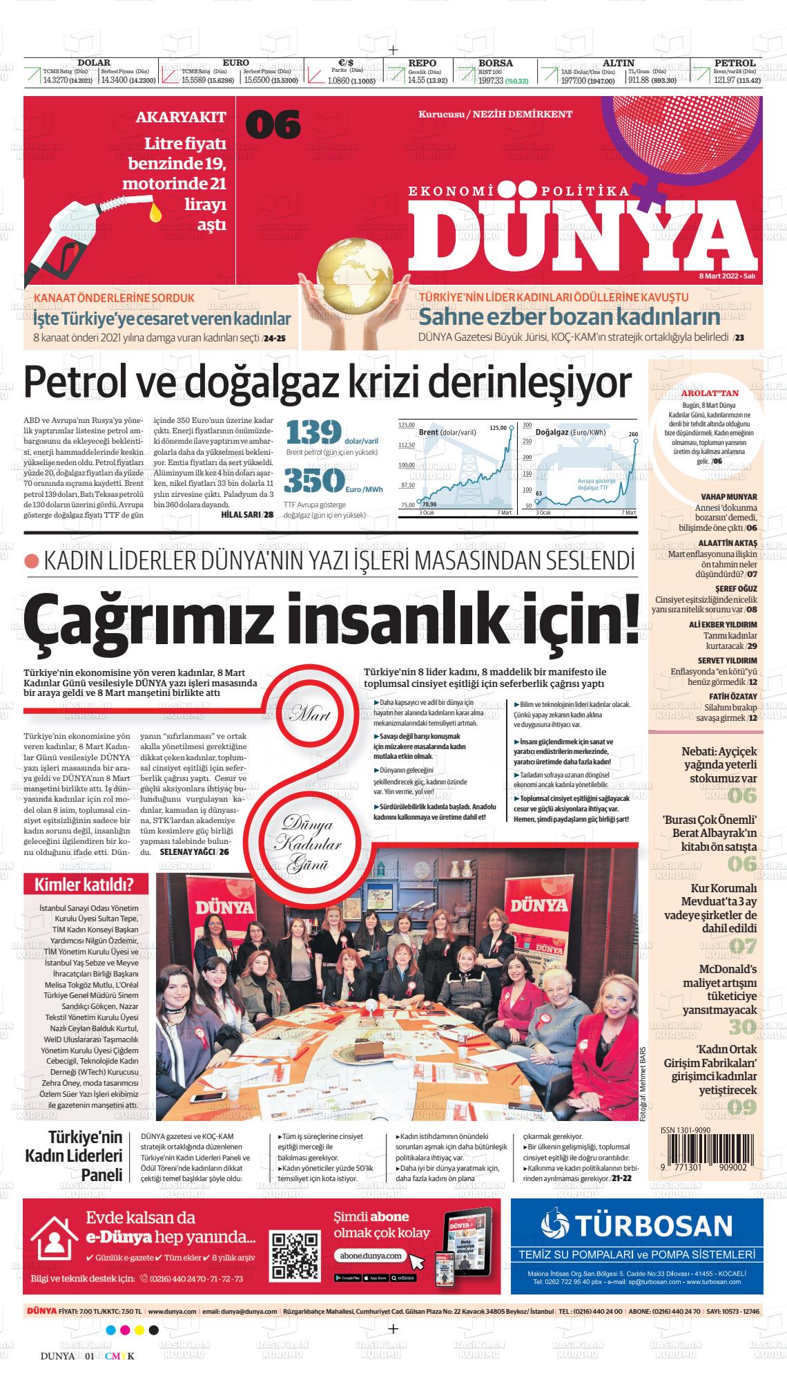 08 Mart 2022 Dünya Gazete Manşeti