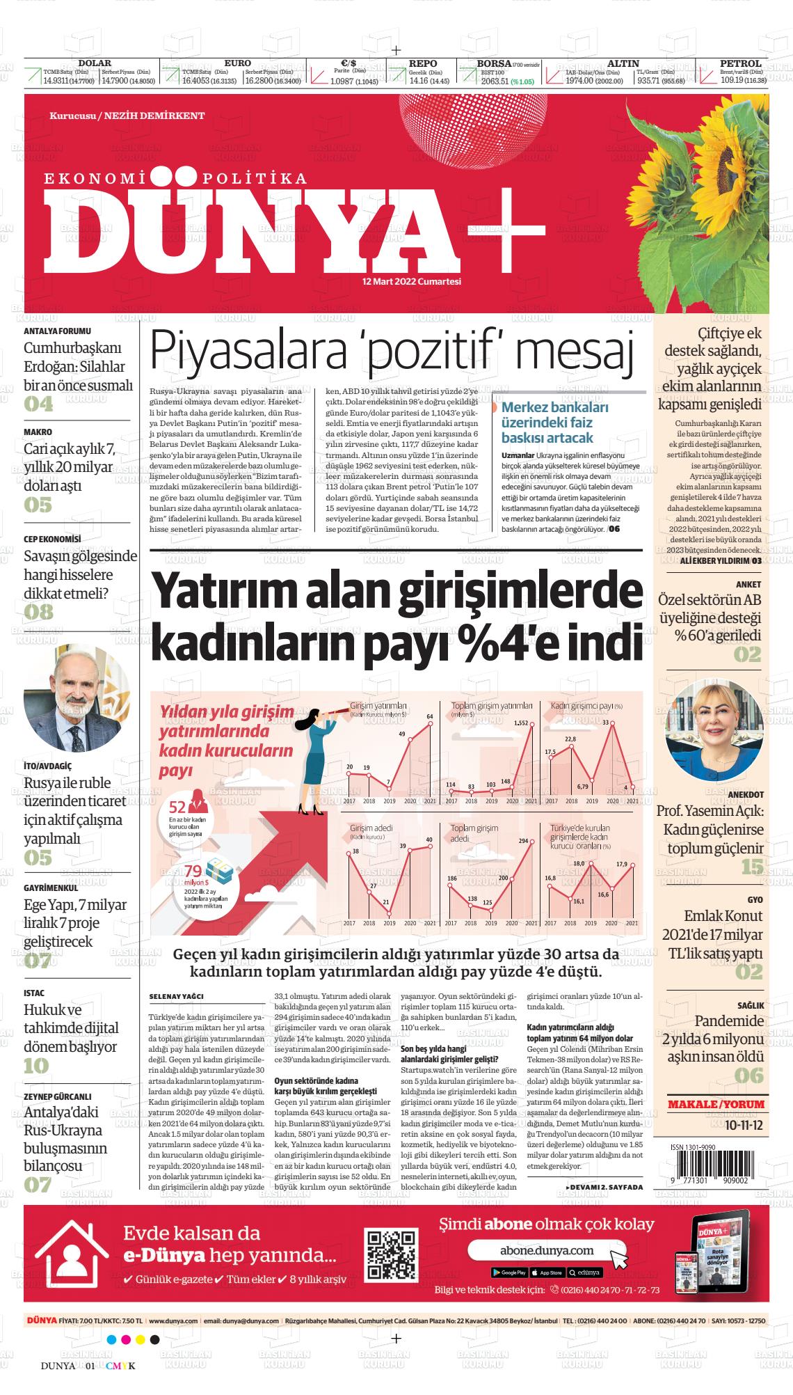 12 Mart 2022 Dünya Gazete Manşeti