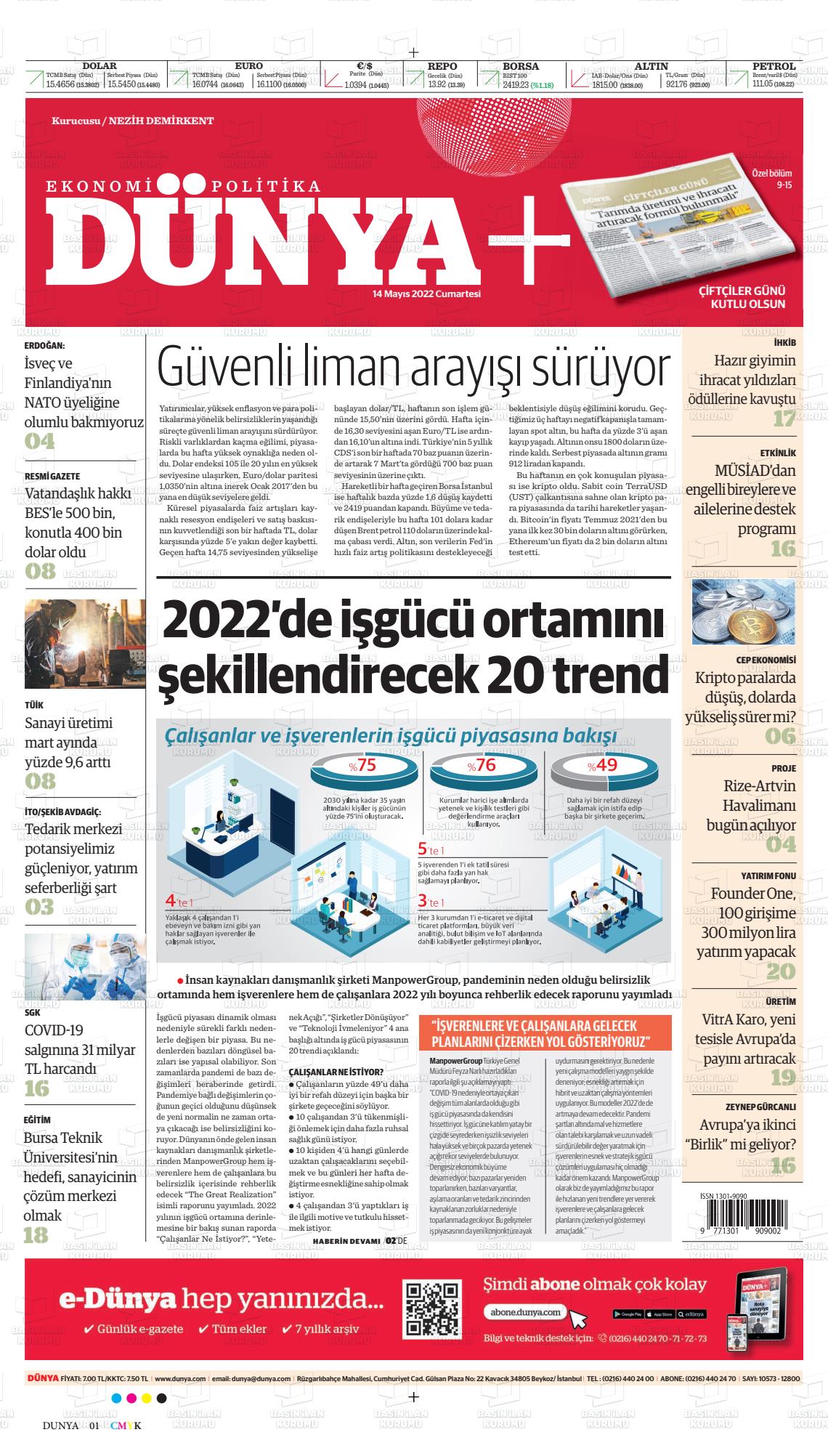 14 Mayıs 2022 Dünya Gazete Manşeti