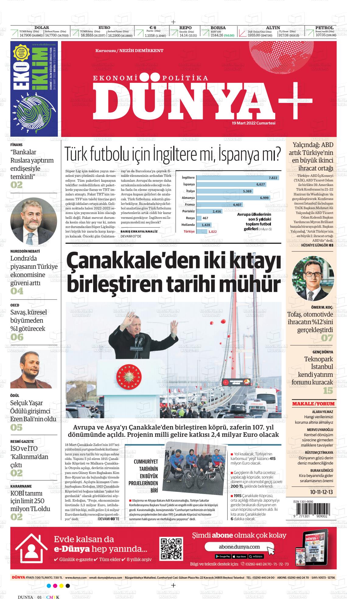 19 Mart 2022 Dünya Gazete Manşeti