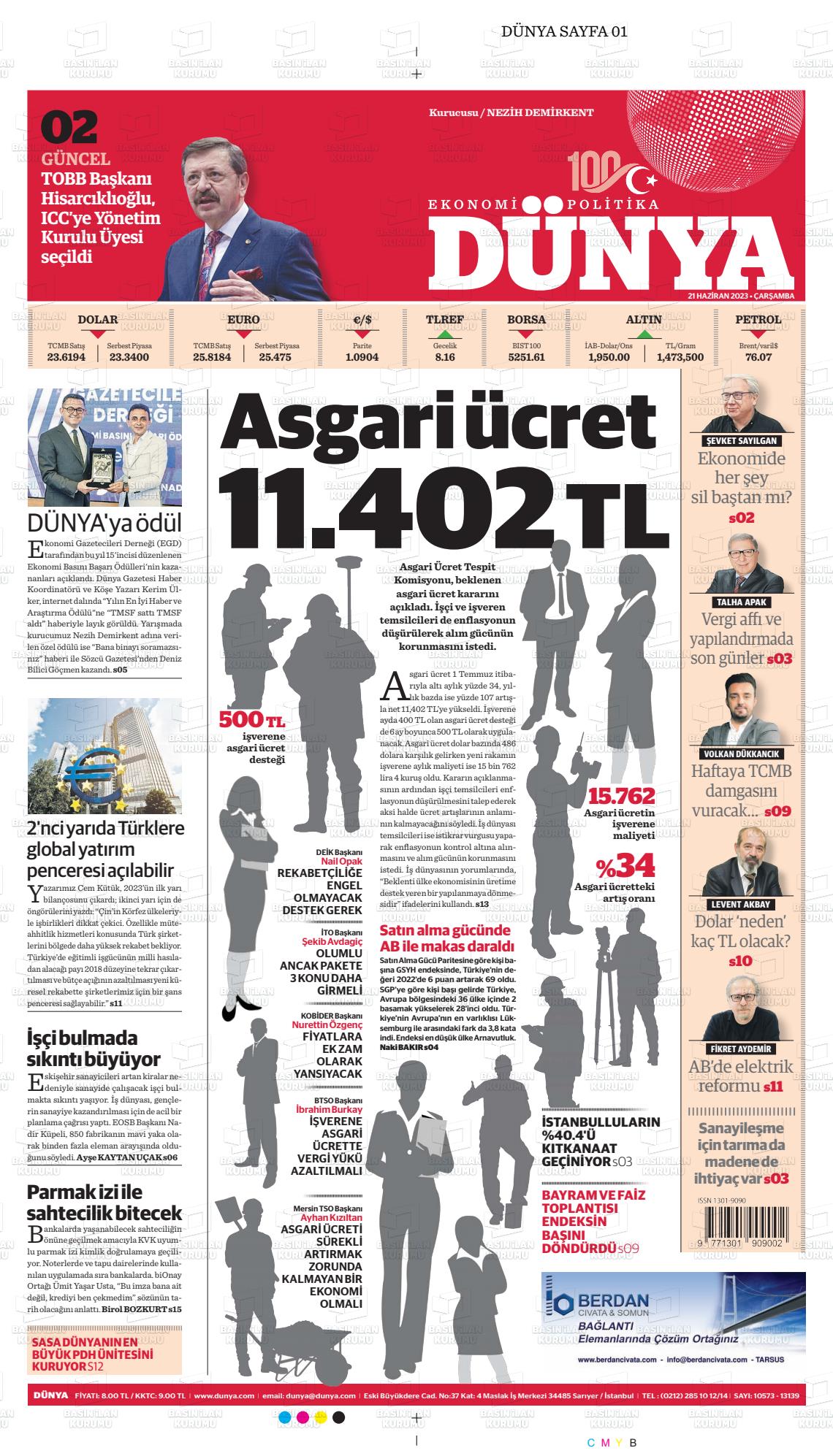 21 Haziran 2023 Dünya Gazete Manşeti