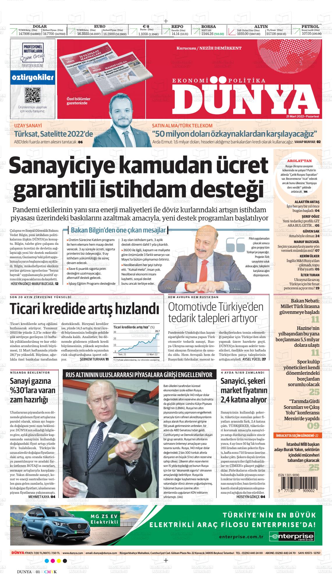 21 Mart 2022 Dünya Gazete Manşeti