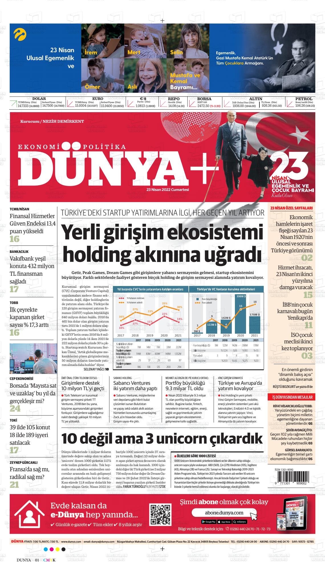 23 Nisan 2022 Dünya Gazete Manşeti