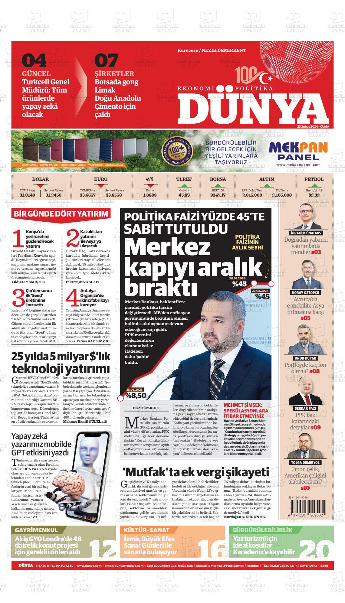 23 Şubat 2024 Dünya Gazete Manşeti