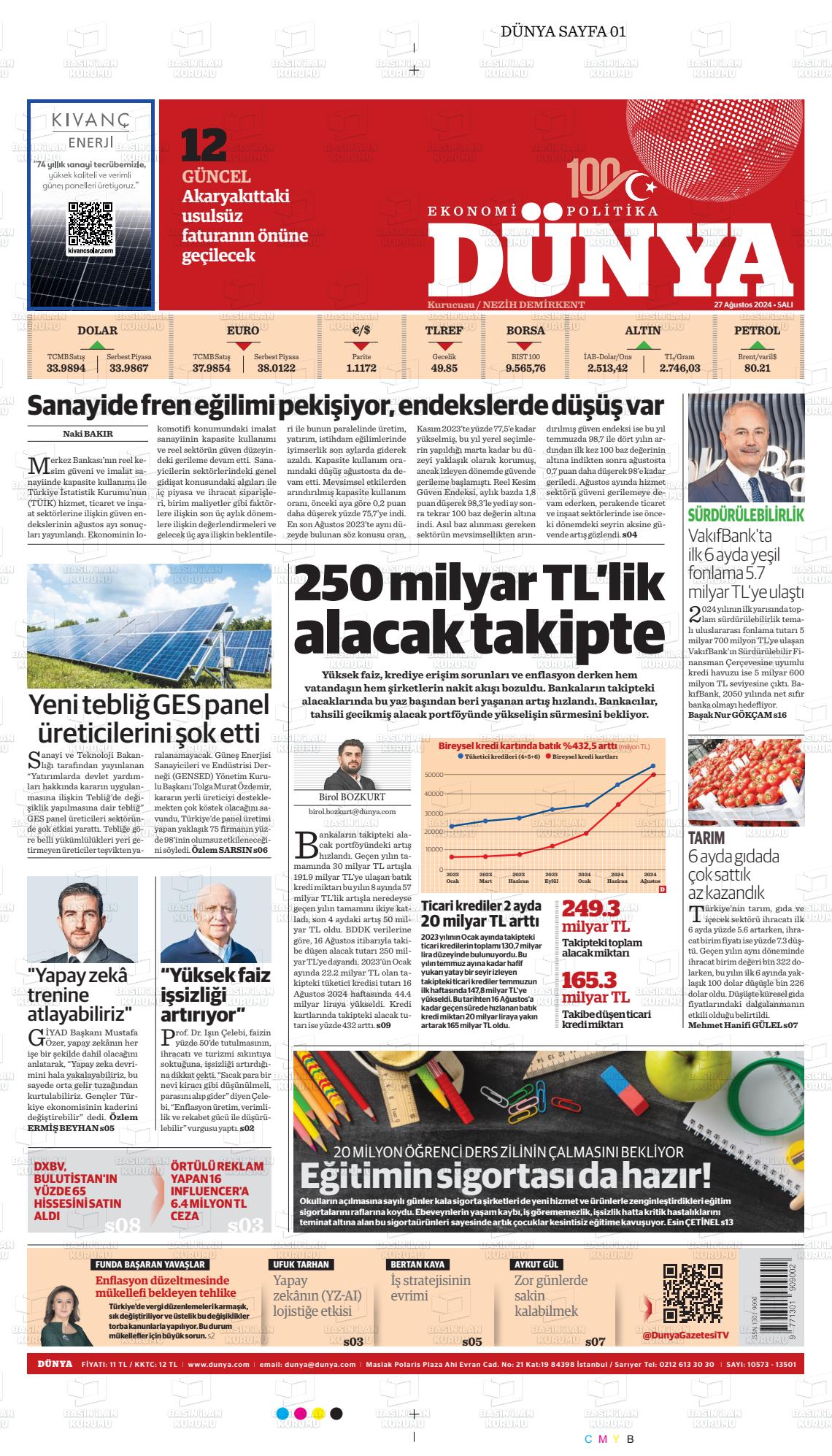 27 Ağustos 2024 Dünya Gazete Manşeti