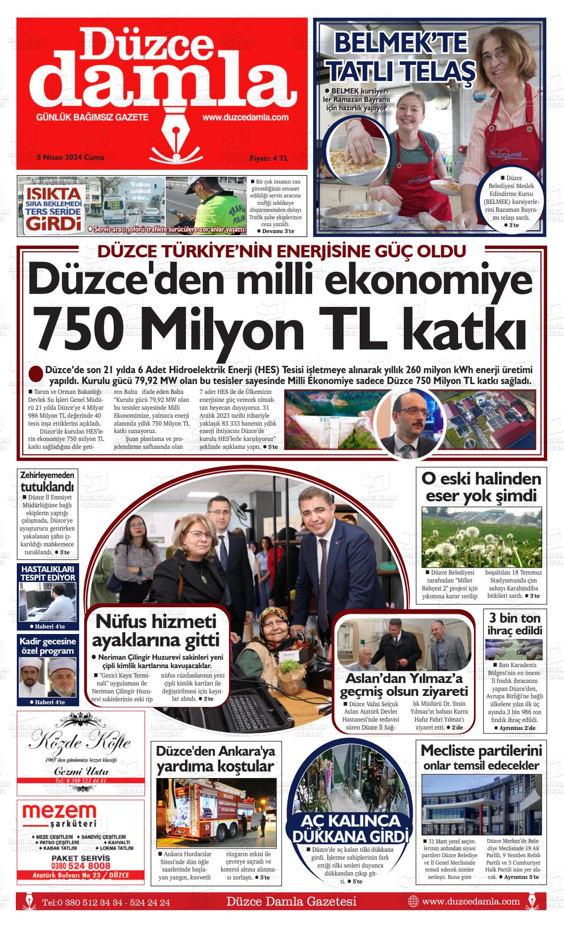 05 Nisan 2024 Düzce Damla Gazete Manşeti