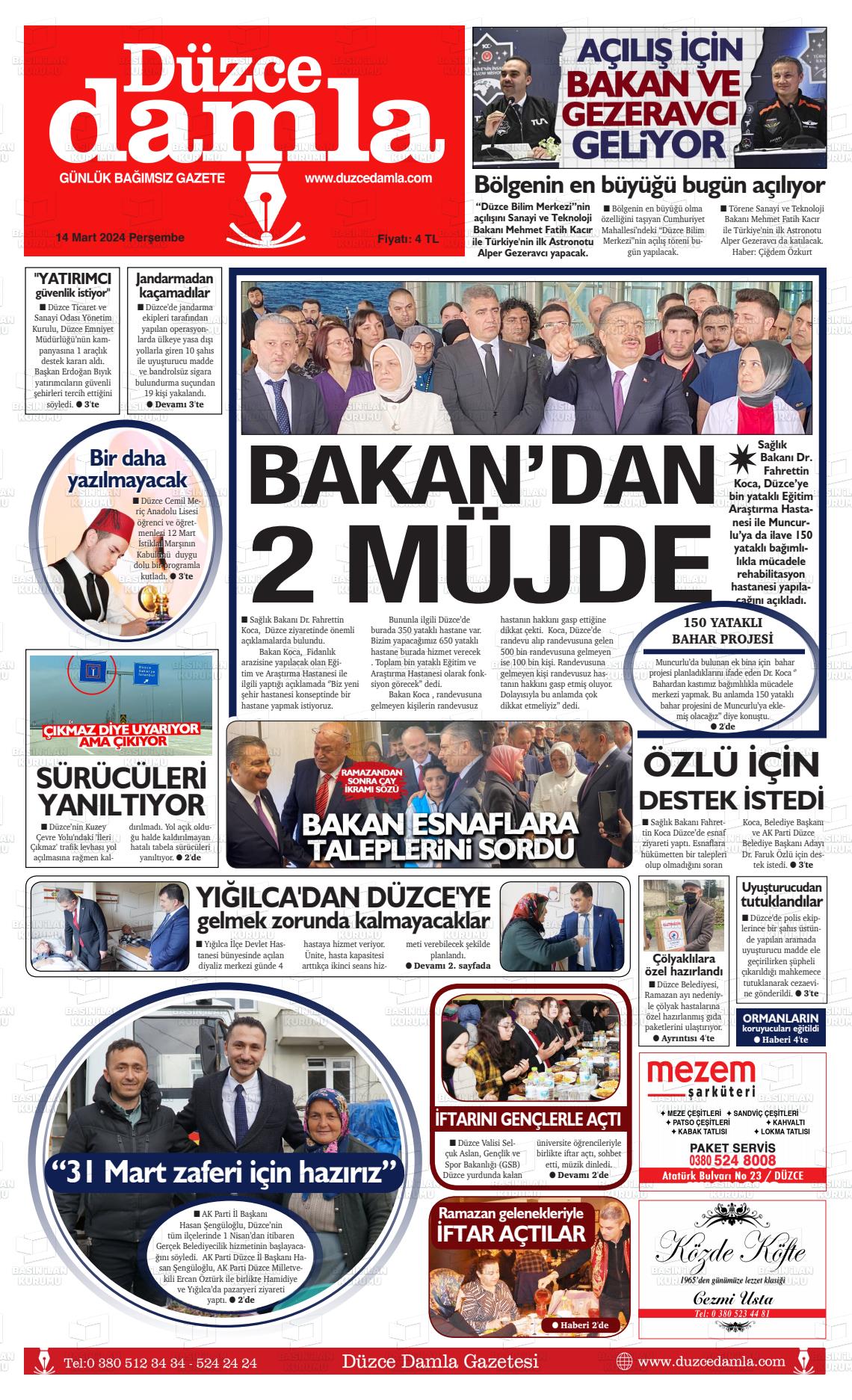 14 Mart 2024 Düzce Damla Gazete Manşeti